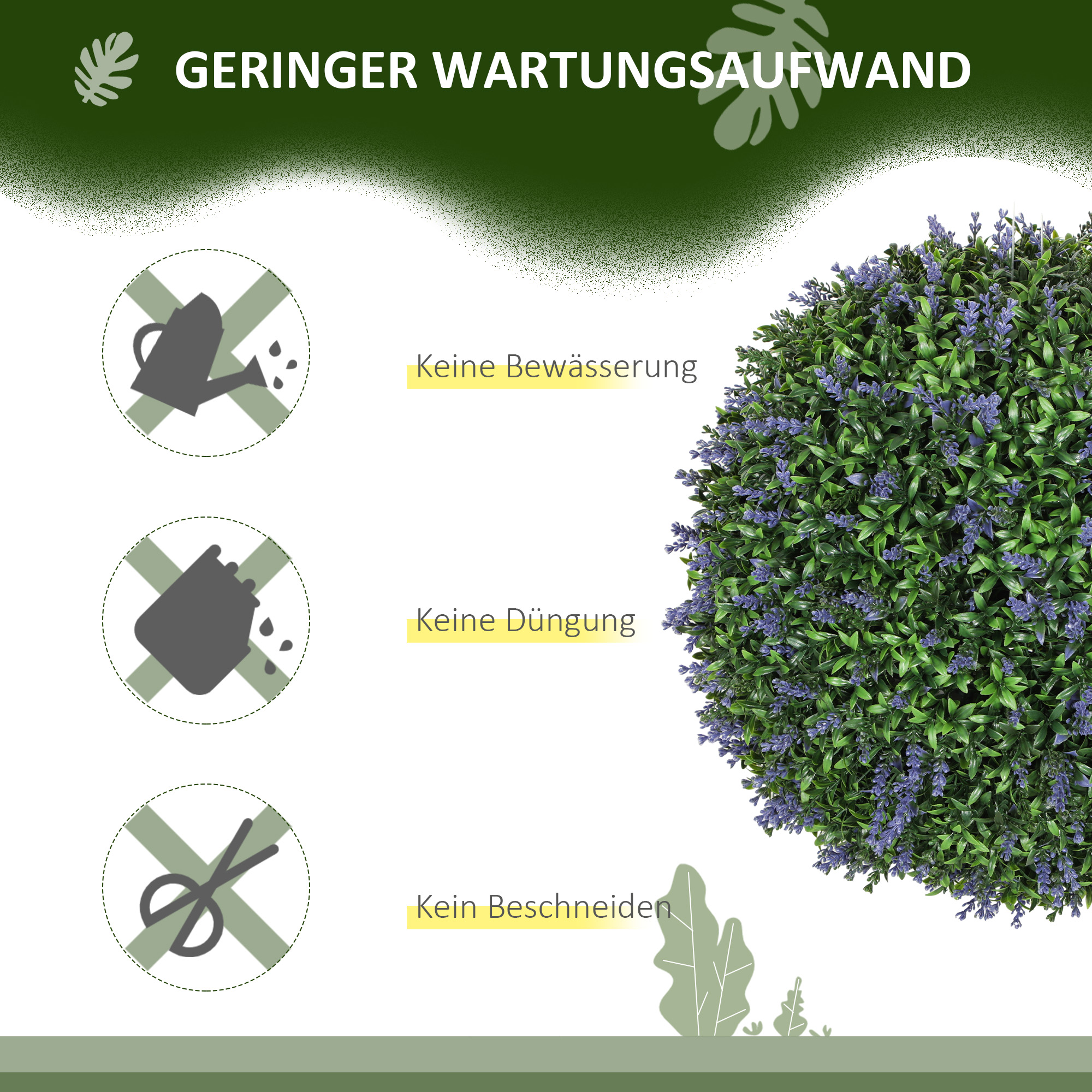 2er-Set künstliche Pflanzen in Kugelform, UV-beständig, Kunstpflanzen für Indoor- und Outdoor-Bereich, 42 cm, Grün+Lila