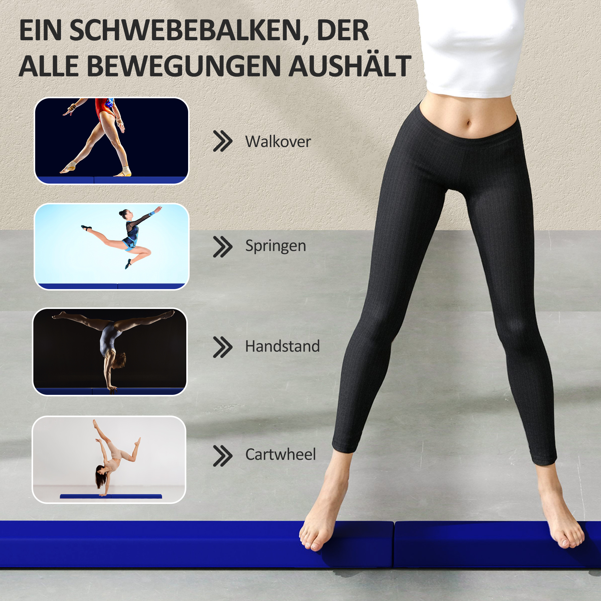 Schwebebalken 2,4 m, faltbar, rutschfester Boden, für 3+ Jahre, bis 80 kg, Blau