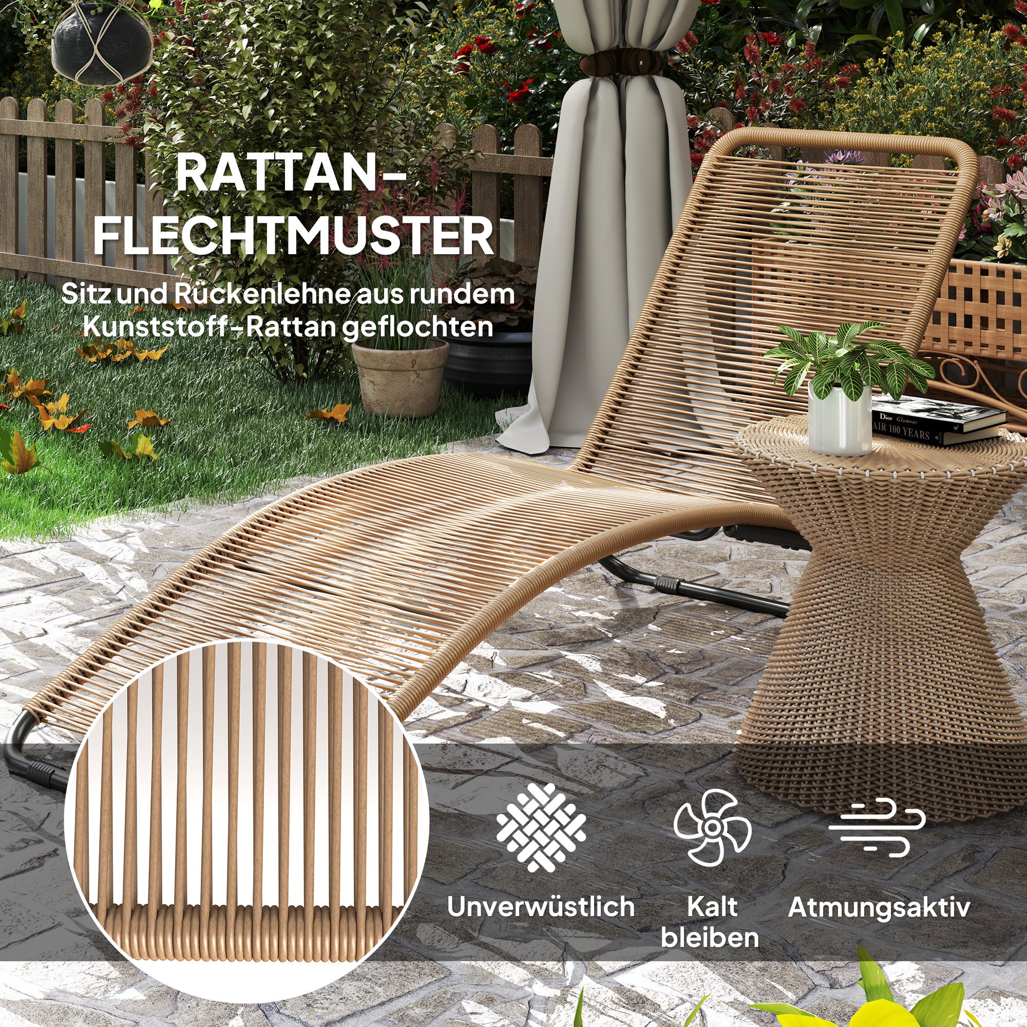 Rattan-Sonnenliege, S-förmiger Liegestuhl mit Rattangeflecht, Korbliege mit Stahlrahmen, Braun