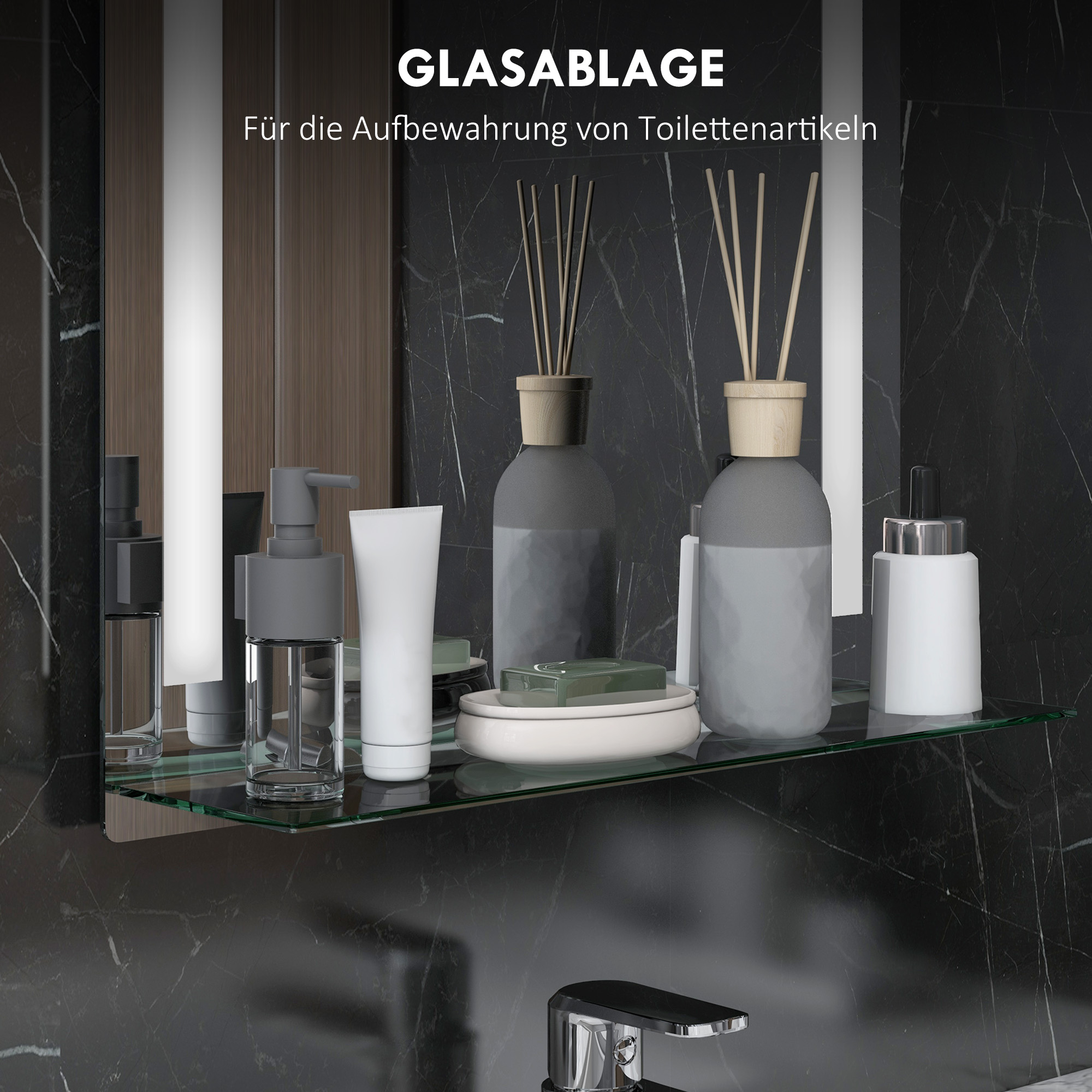 Badezimmerspiegel mit LED-Beleuchtung, elegant und hochwertig, Glas, Aluminium, Kunststoff, 50L x 12B x 70H cm