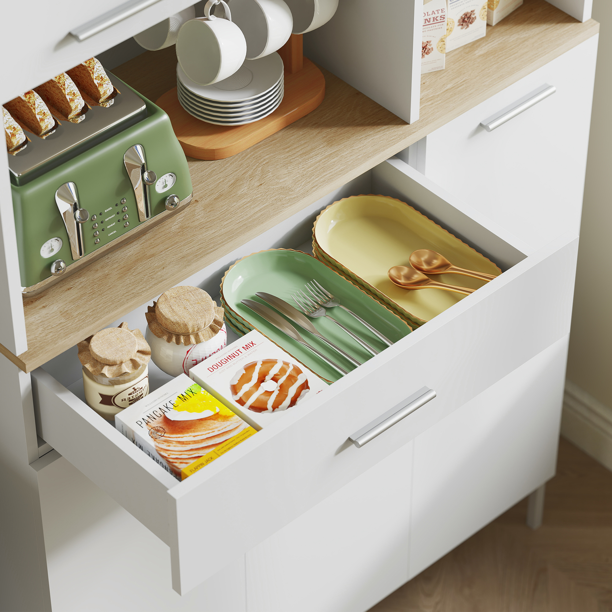 Küchenschrank mit offenen Regalen, Fächern, Weinregal, Vorratsschrank mit 5 Schranktüren, MDF, Weiß