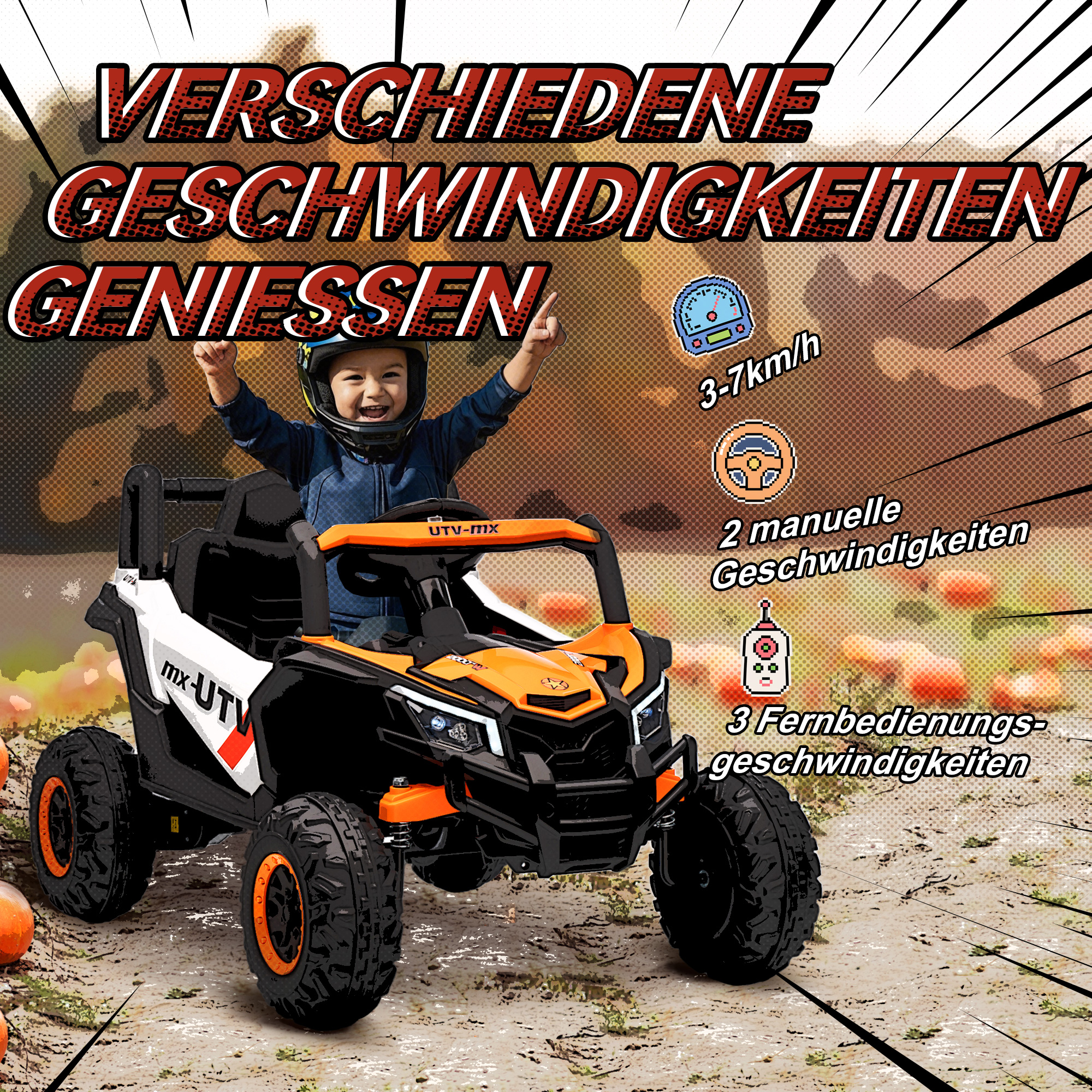12V Elektroauto für Kinder, Fernbedienungsfunktion, Gurt, Hupe, LED-Lichter, USB-Port, für 3-5 Jahre, Orange