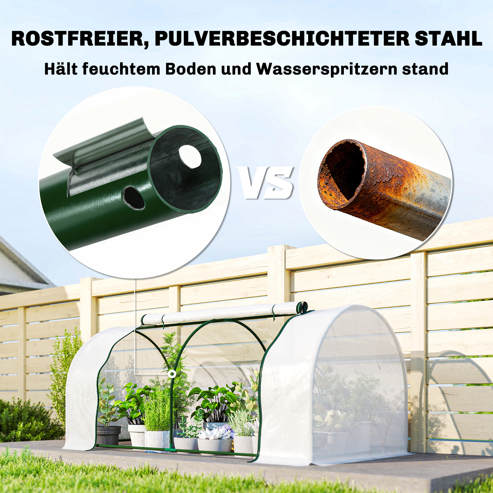 Gewächshaus mit PE-Gitterfolie, winterfest Foliengewächshaus aus Stahl, Treibhaus 200 x 100 x 80 cm Weiß