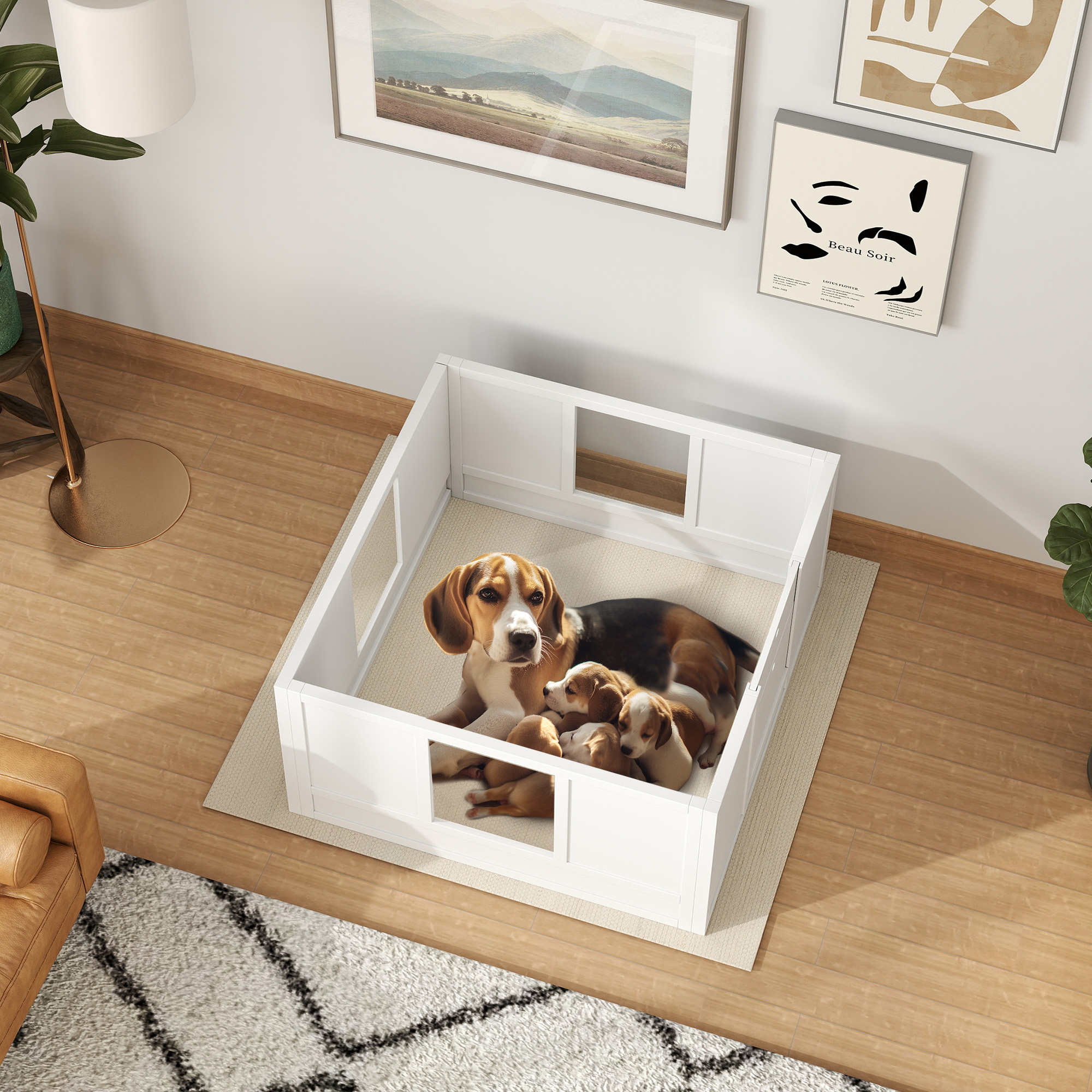 Welpenbox für kleine und mittelgroße Hunde, Hunde-Wurfbox mit anpassbarem Eingang, rutschfesten Fußpads, Weiß