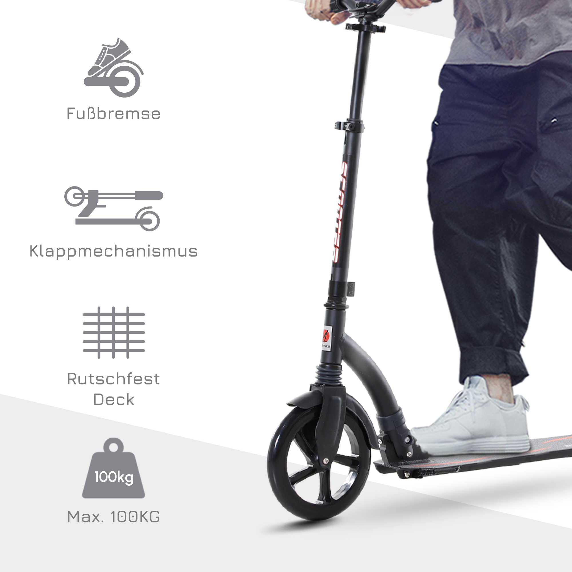 Roller Tretroller Kickscooter Klapproller, klappbar, Stoßdämpfer, ab 14 Jahren, Schwarz