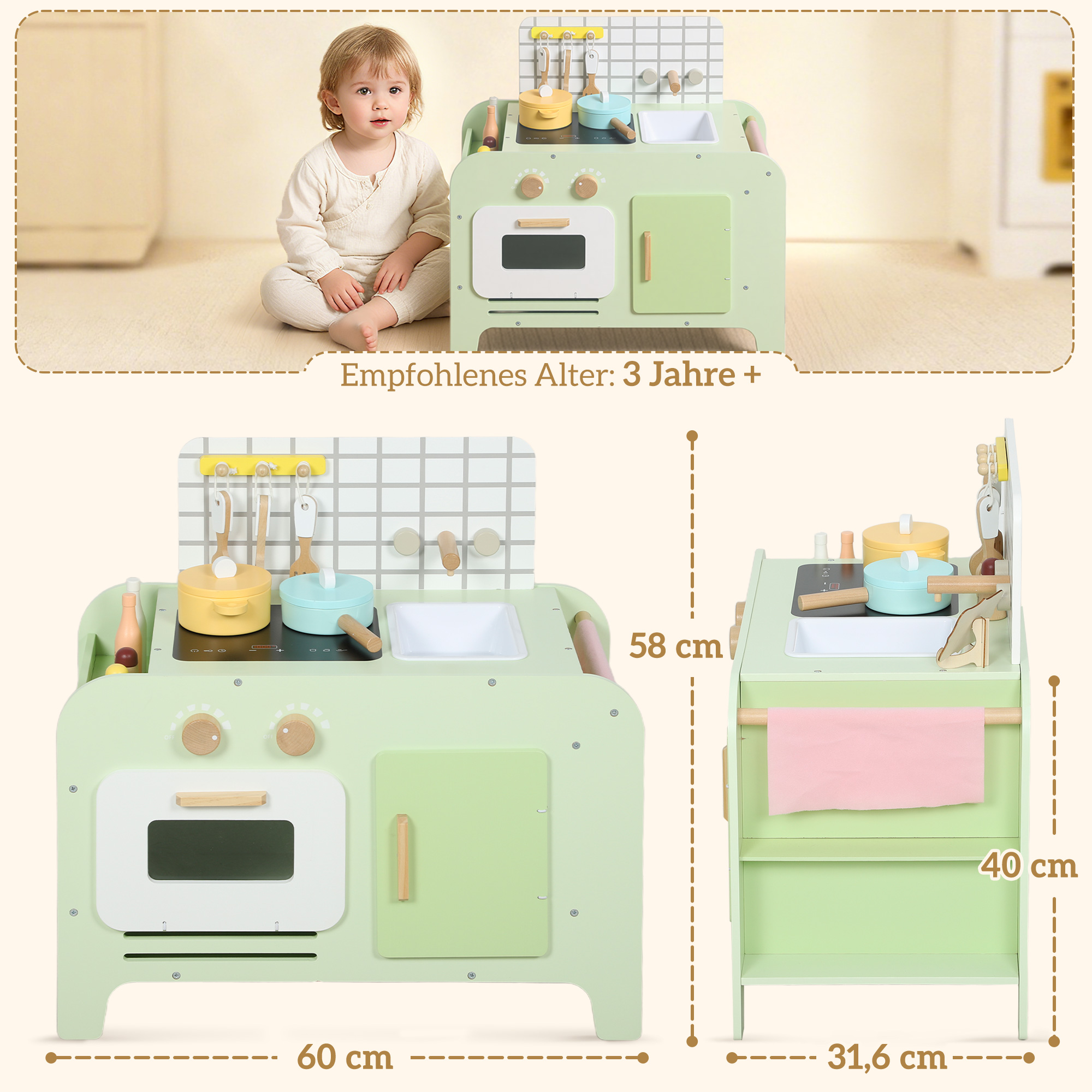 Kinderküchen-Spielset, MDF, 15 Zubehörteile, Schränke, 40 cm, ab 3 Jahren, Grün