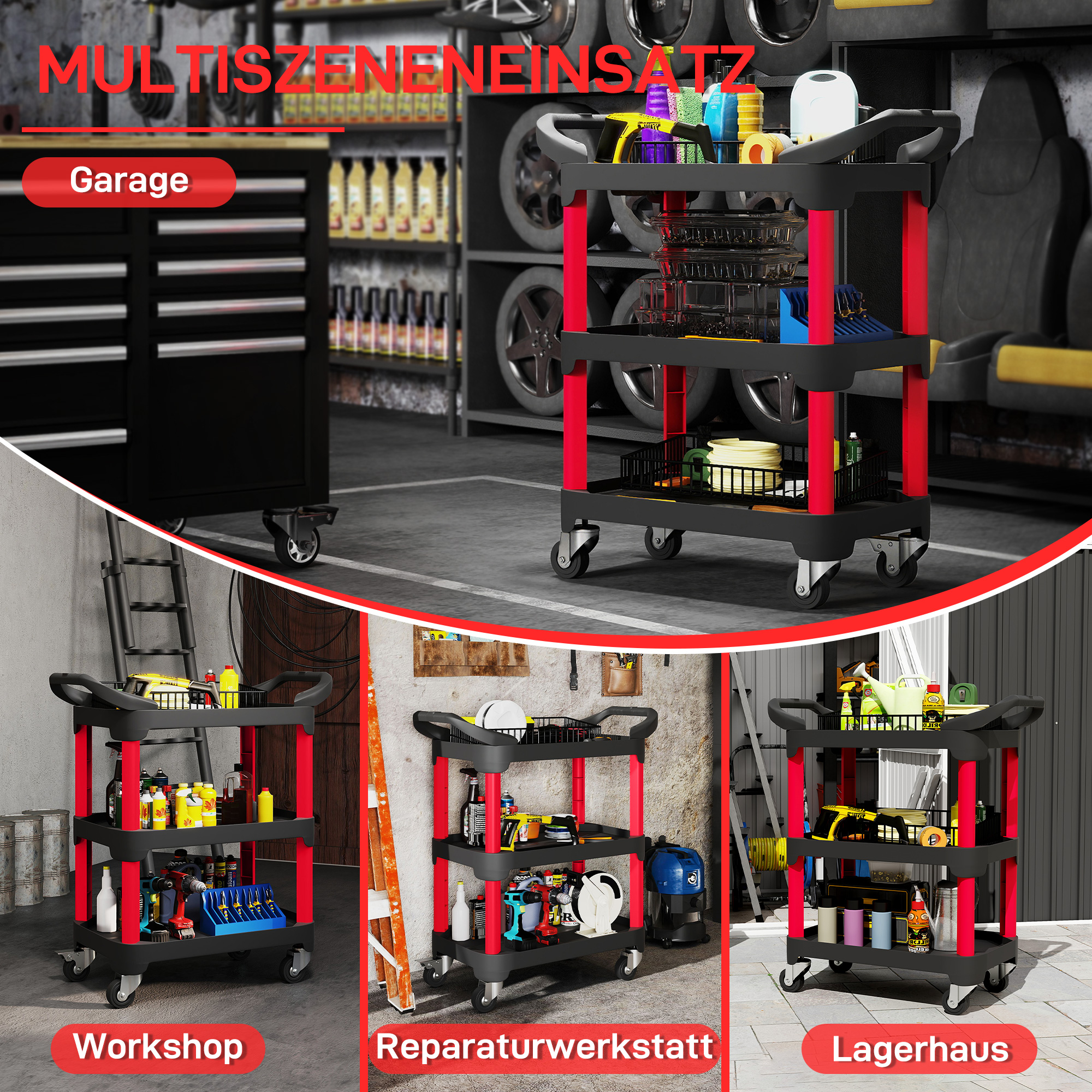 Werkzeugwagen mit 3 Ebenen, seitliche Griffe, Räder, Kunststoff, Schwarz