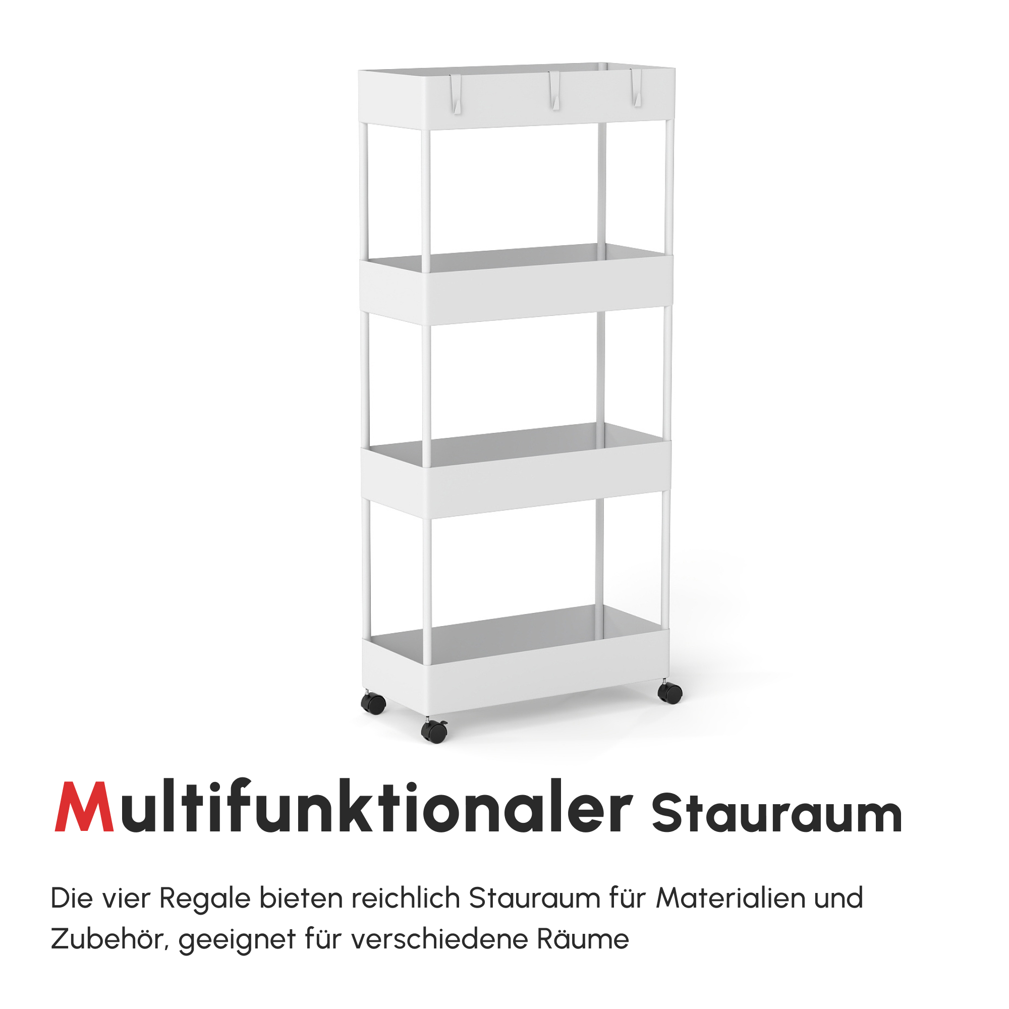 Küchenwagen mit 4 Regalen, 4 flexiblen Haken, 4 Rollen, 40 cm x 19 cm x 90 cm, Nischenwagen, Weiß