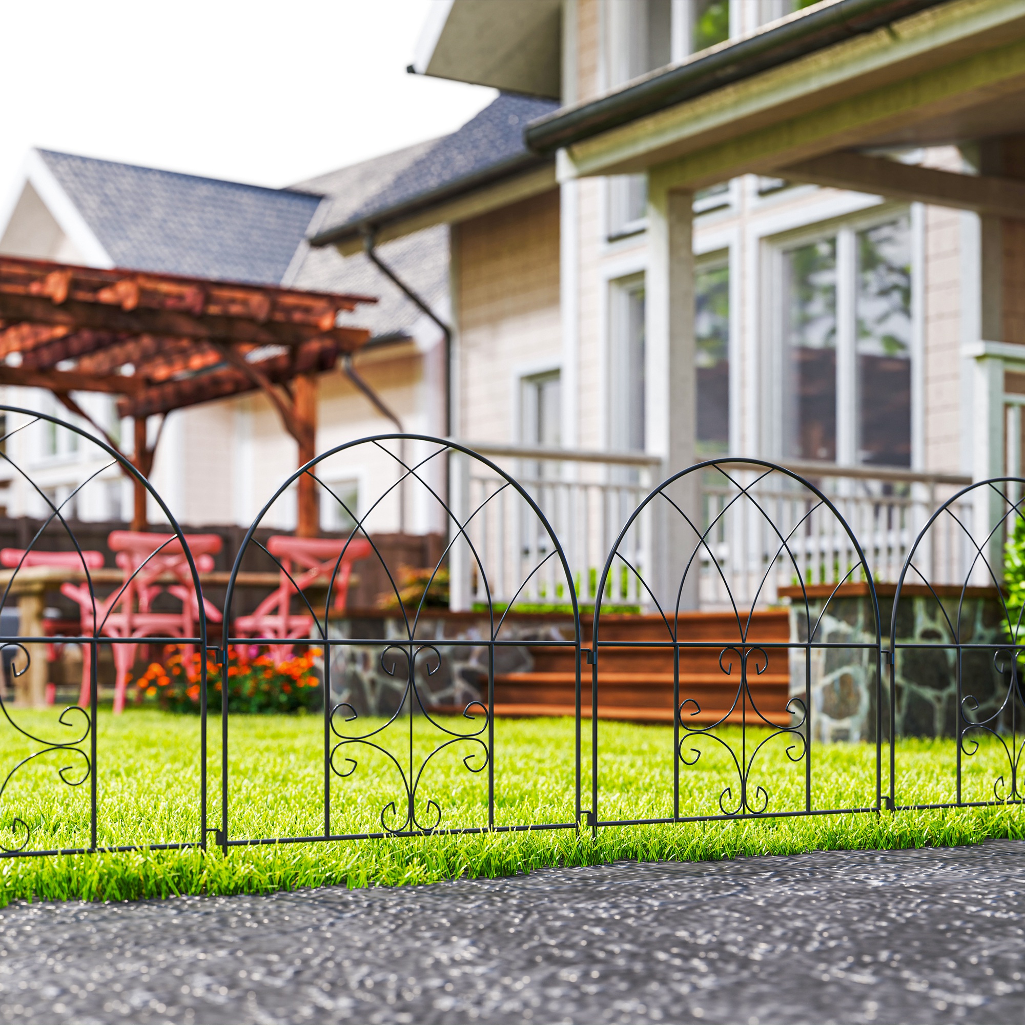 Gartenzaun Zaun Stahl 300 cm x 70 cm hoch Dekorativer Gitterzaun Set Zaunelemente Schwarz