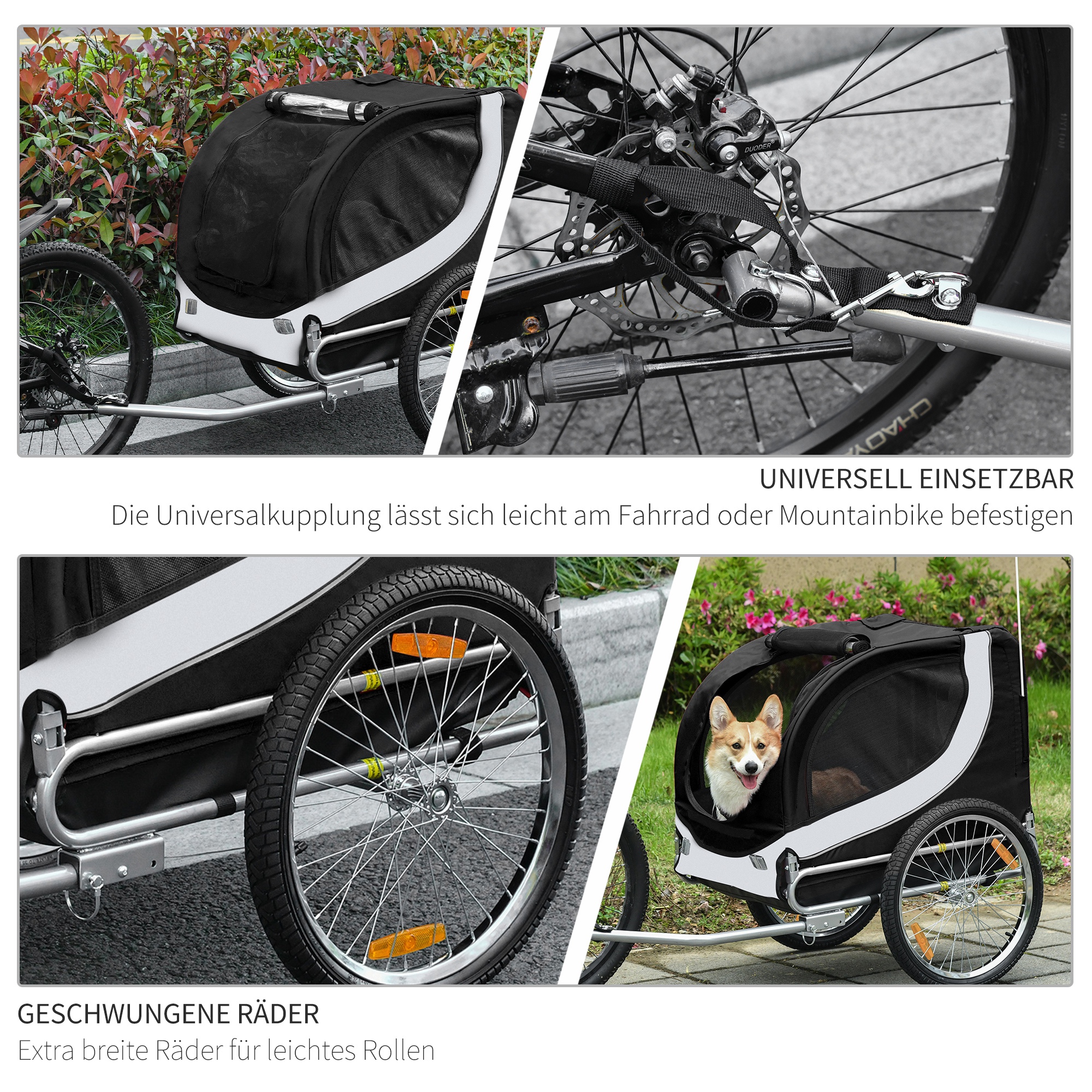 Fahrradanhänger Hundeanhänger bis 20kg Netzfenster, aufrollbare Abdeckung, Universalkupplung Weiß+Schwarz