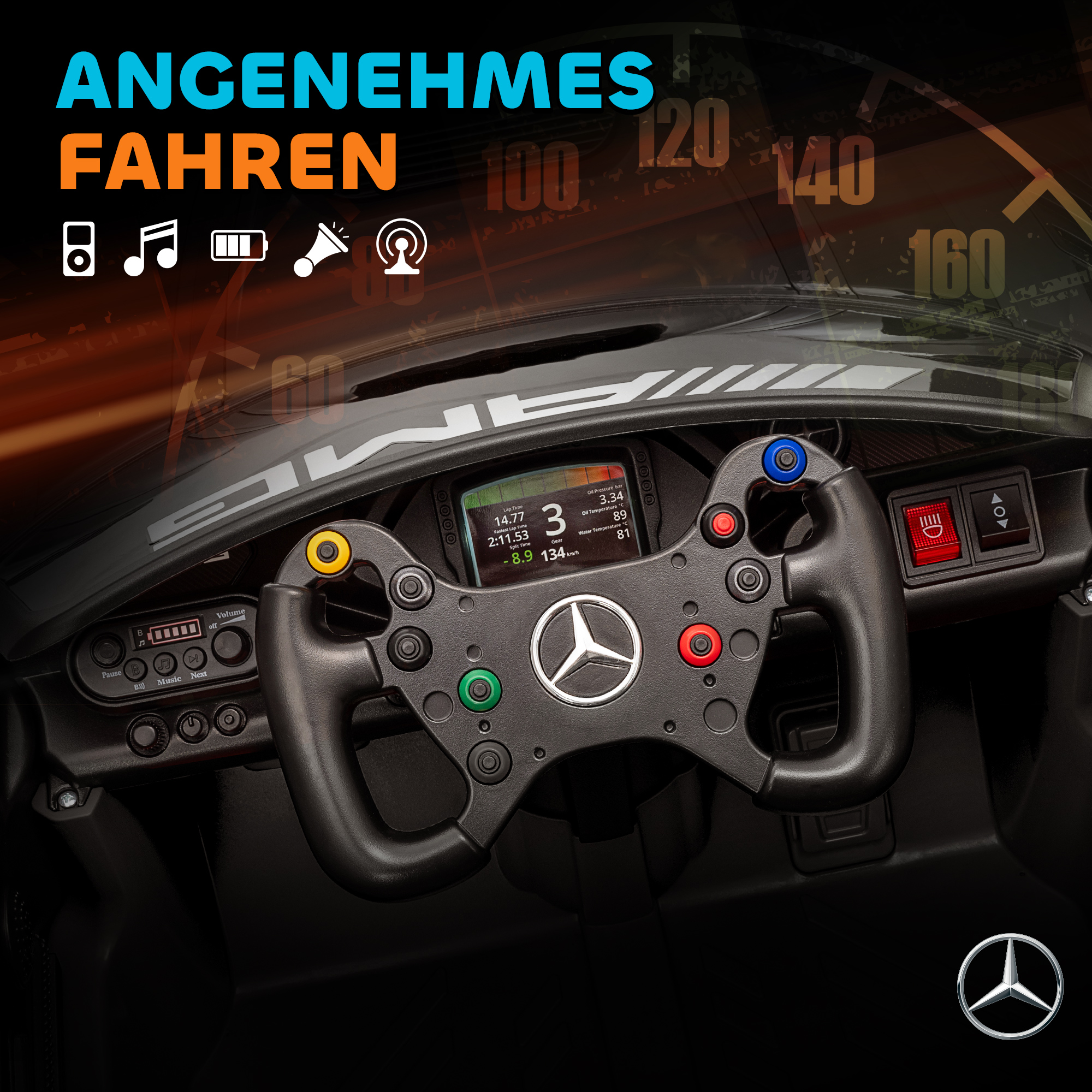 Mercedes-Elektroauto, Aufsitzauto für Kinder, 12V Batterie, LED-Lichter, Musikfunktion, Hupe, 3-8 Jahre, Schwarz