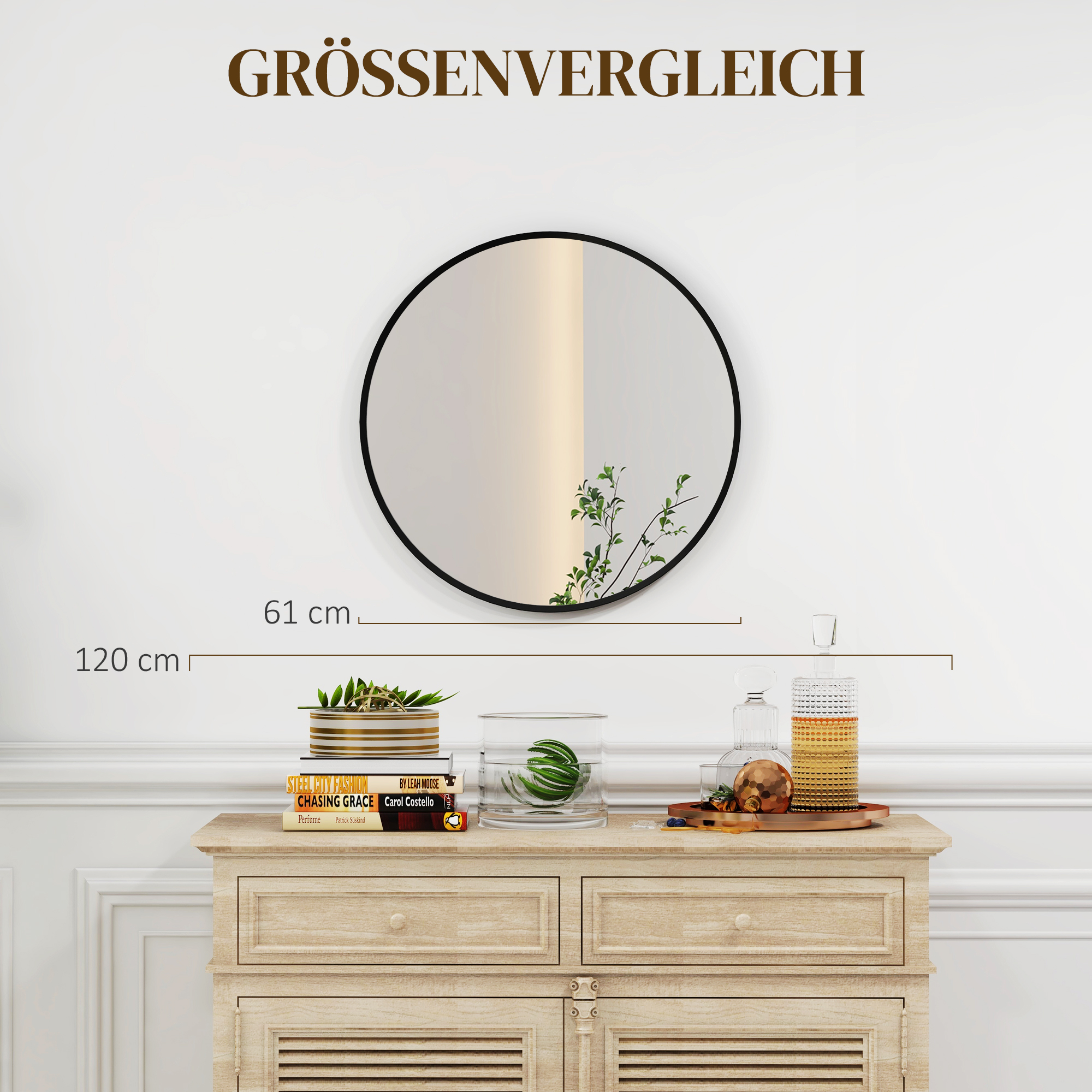 Wandspiegel, modernes Design, ?61 cm, Schwarz