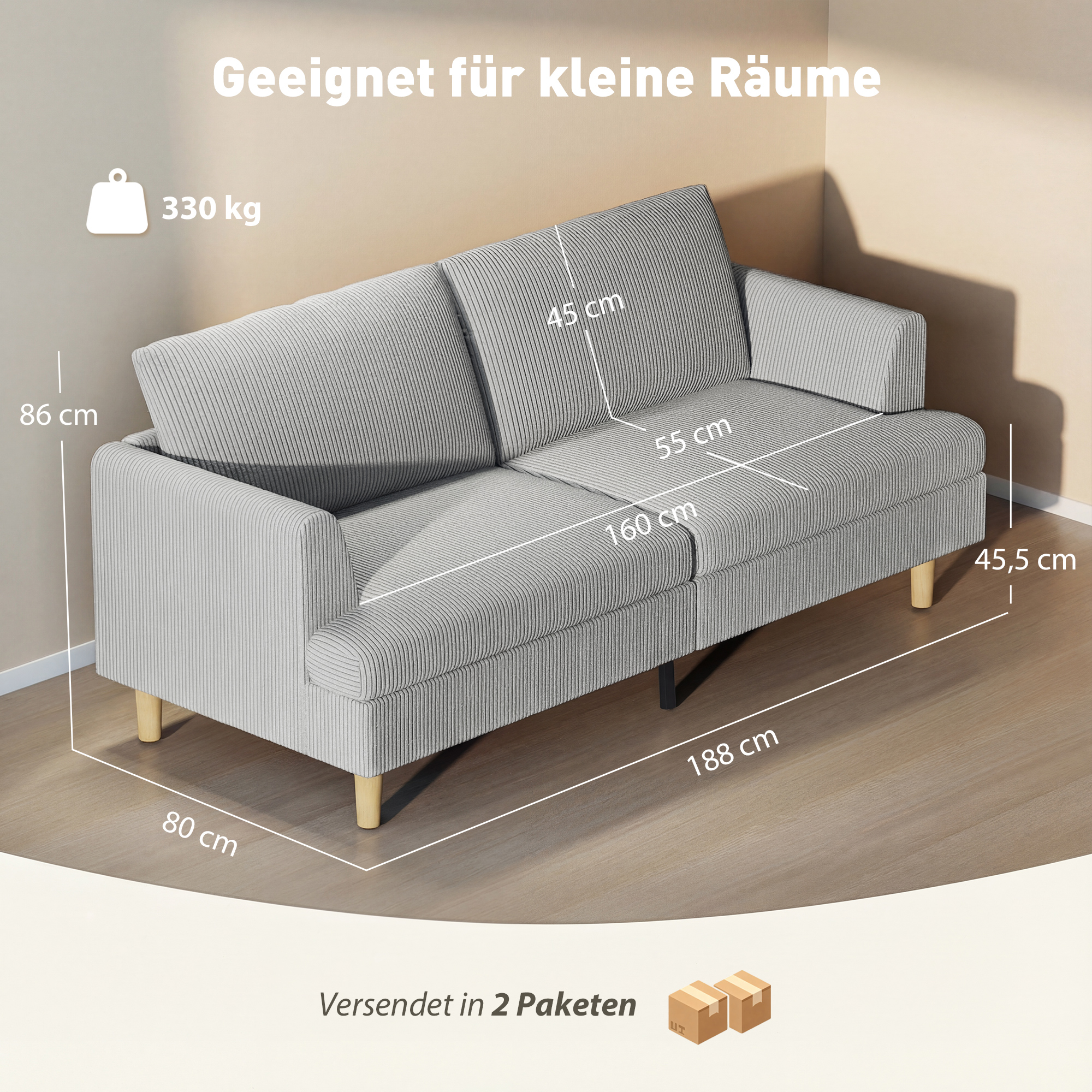 3-Sitzer-Sofa, Couch mit Armlehnen Gepolstert Polstersofa mit Kordoptik für Wohnzimmer Hellgrau