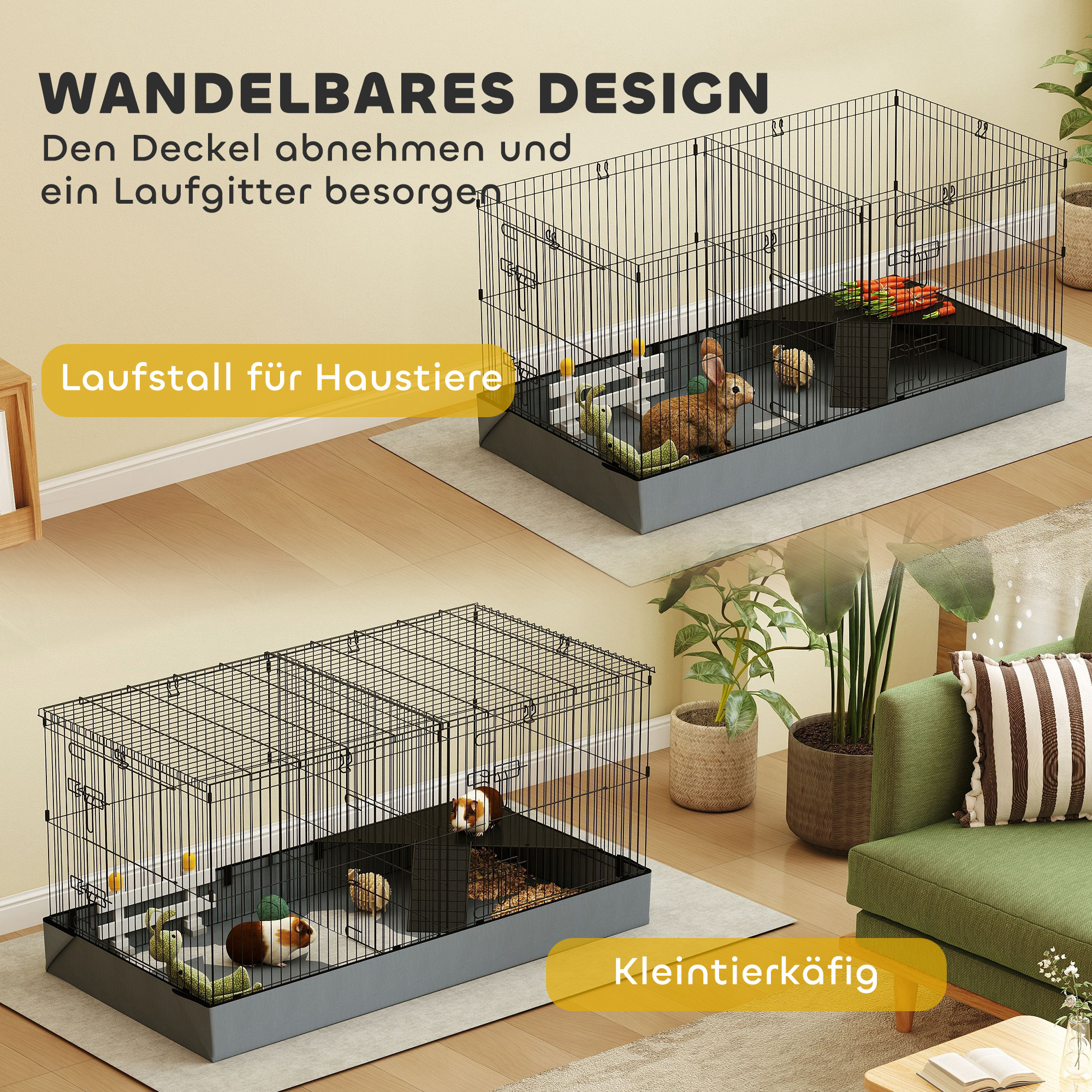 2-in-1-Zwerghamsterkäfig, Kleintierkäfig, Stoffboden, Sitzstangen, Rampe, Schwarz