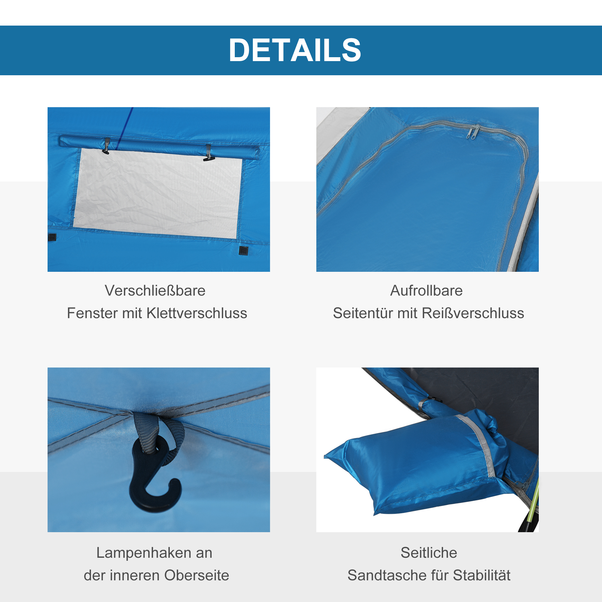 Pop-up-Strandzelt, Fiberglasrahmen, 4 Taschen, Netzfenster, flexibel, Blau