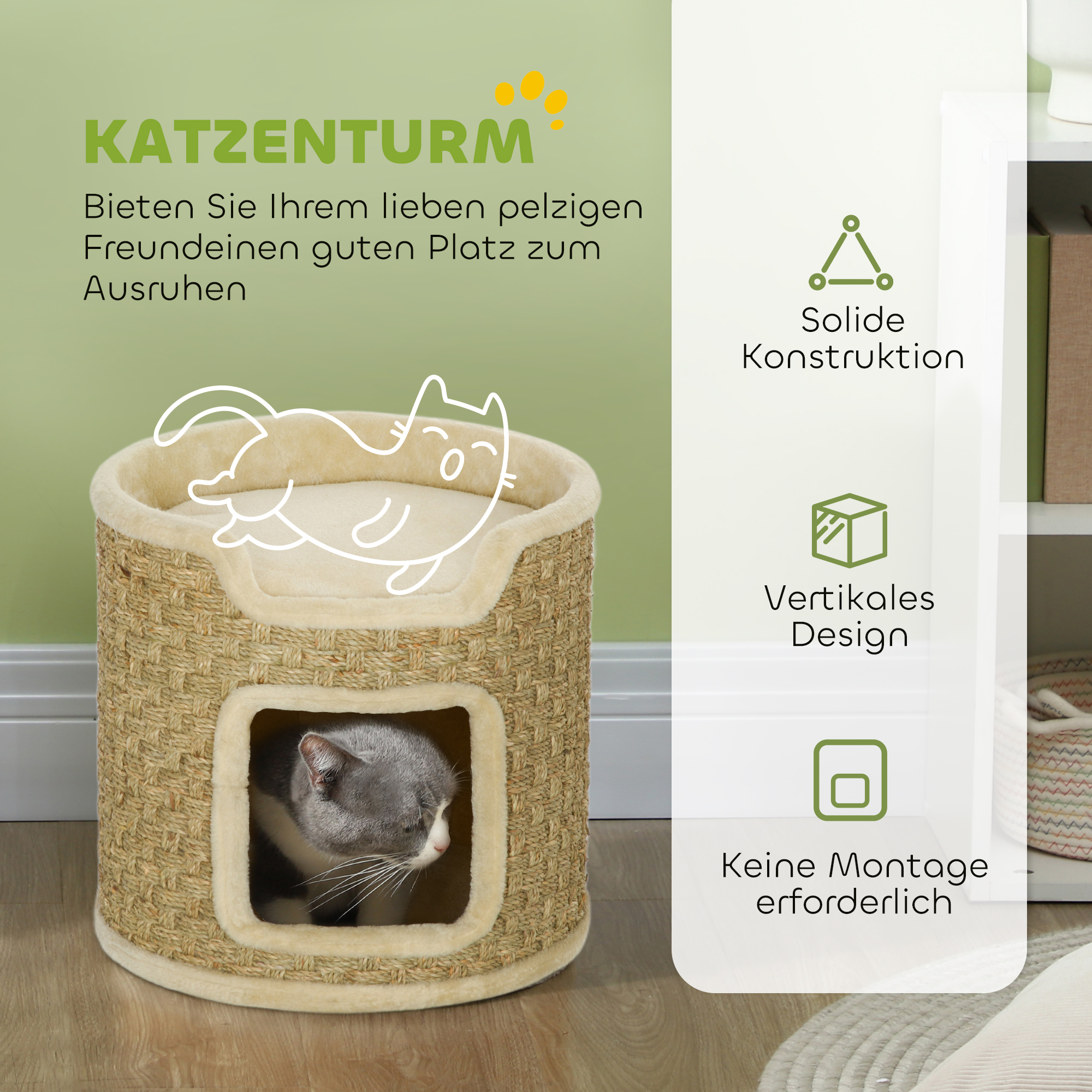 Katzenkratzbaum, Spiel- und Entspannungsbereich, Plüsch, ?38 x 37H cm, Khaki-Beige, bis zu 5 kg