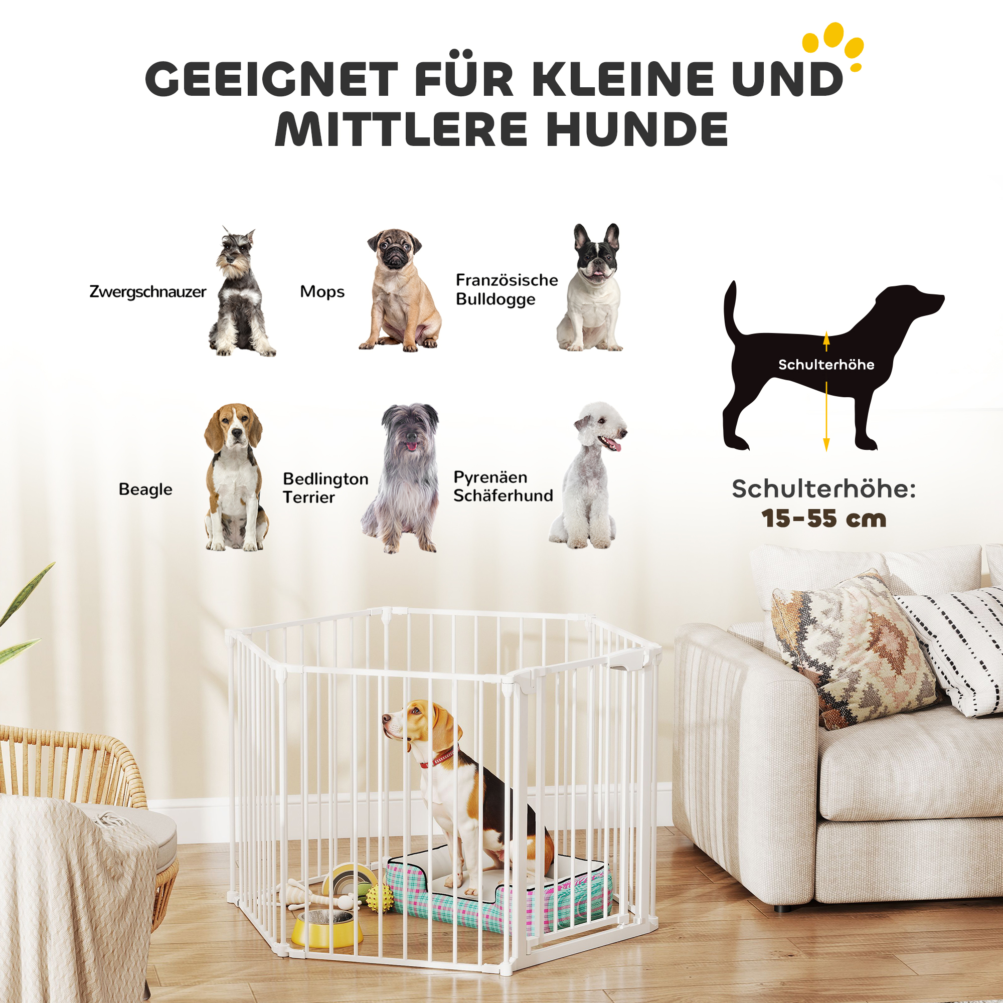 Haustierzaun, 6-Panel-Barriere mit Tür, faltbar, für kleine & mittelgroße Hunde, Kunststoff, Kohlenstoffstahl, Weiß