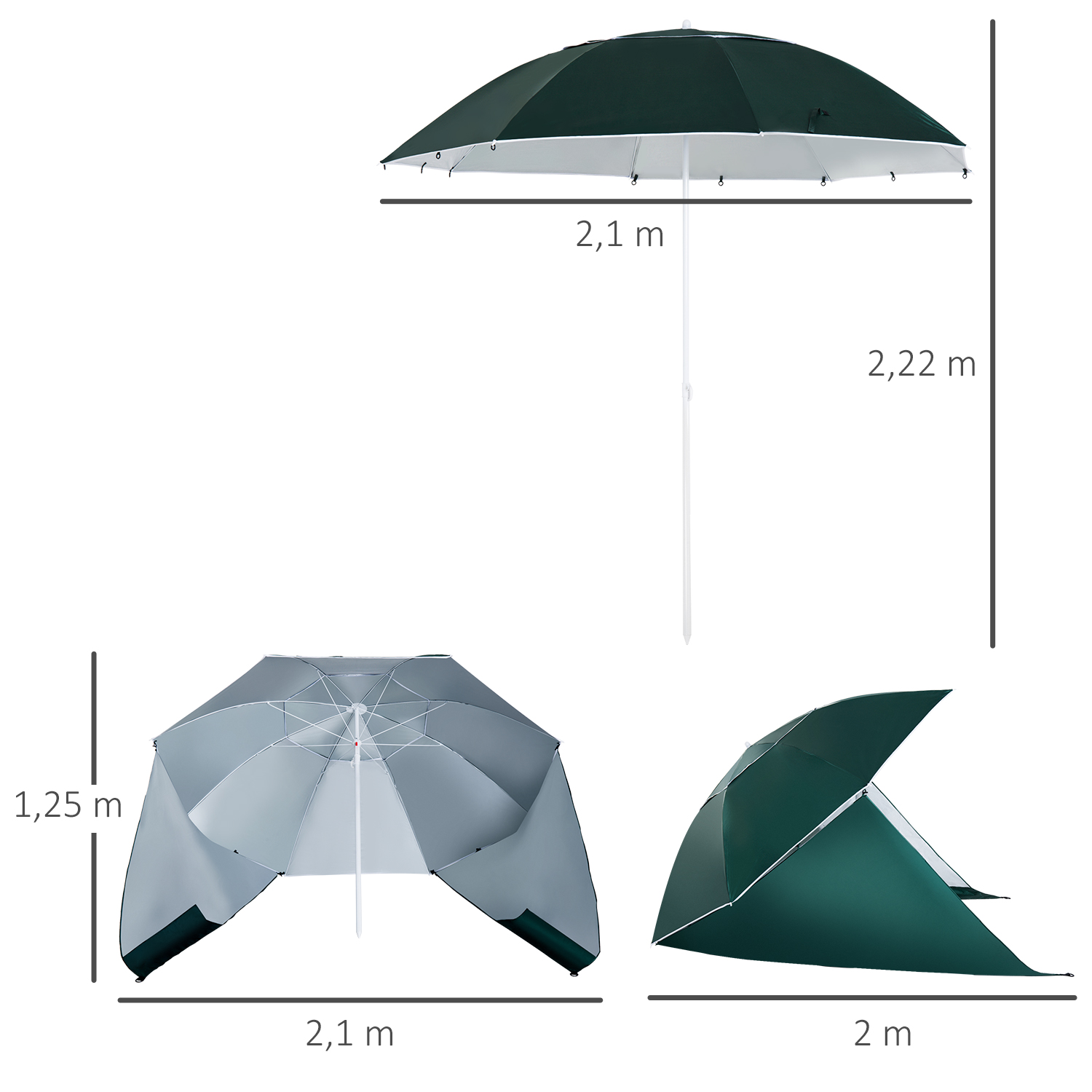 2 in 1 Sonnenschirm Strand Ø 210 cm UPF 50+ windfest Strandschirm mit Seitenwänden Tragtasche Balkon-Schirm faltbarer Gartenschirm Sonnenschutz für Reisen, Strand, Balkon Camping Dunkelgrün