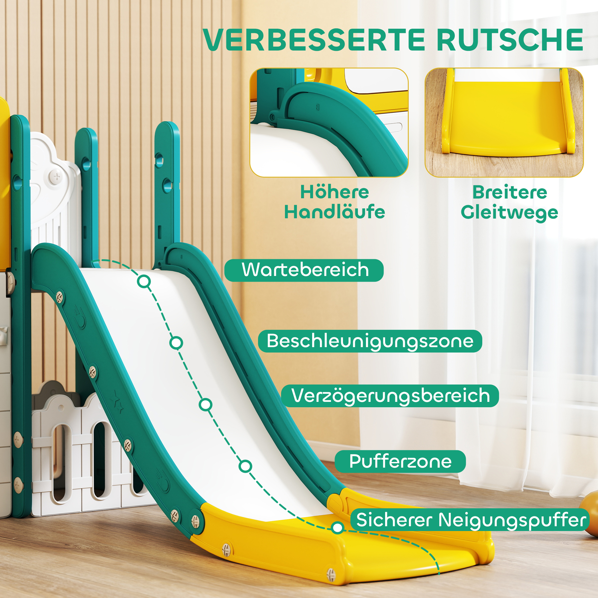 9-in-1 Rutschen- und Schaukelset für Kleinkinder, mit Basketballkorb, Teleskop, Zeichenbrett, Frosch-Design, Gelb+Grün