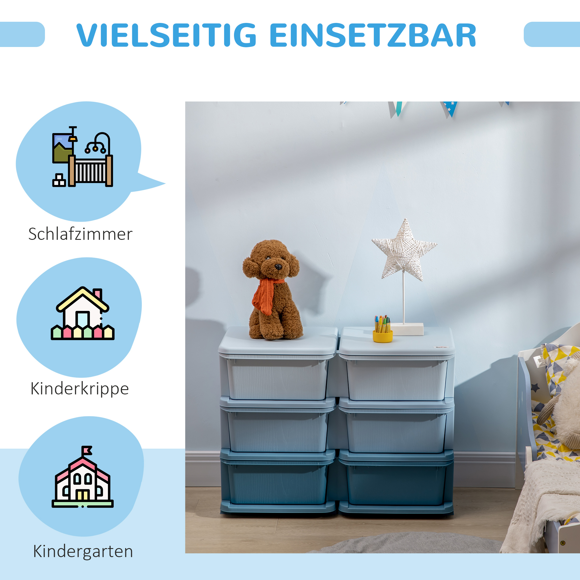Aufbewahrungsbox für Kinder, Kinder-Aufbewahrungsbox, 3 Schubladen, Blau