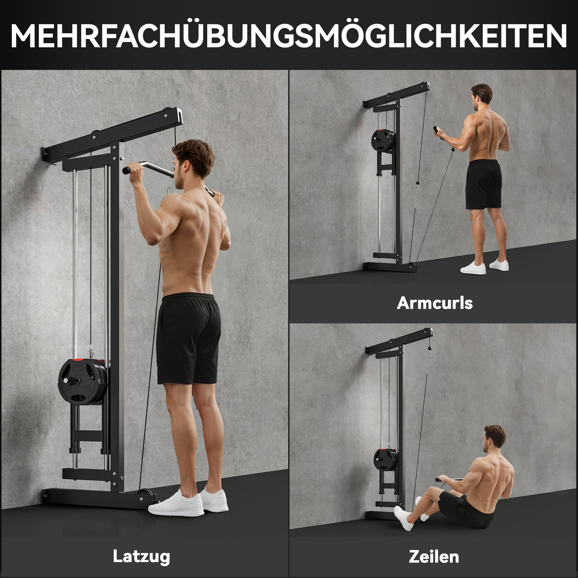 Rudermaschine für Training, wandmontiertes Fitnessgerät, Kabelmaschine für Heimfitnessstudio, Stahl, Schwarz