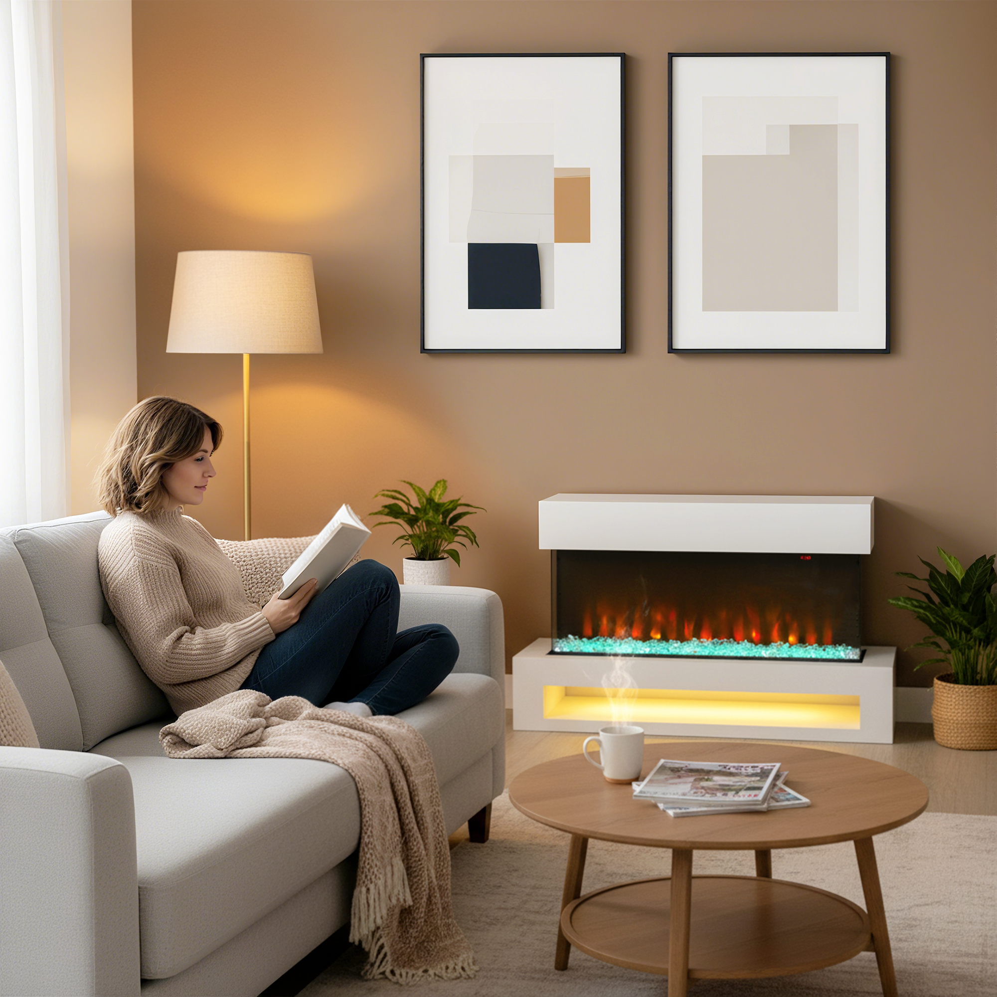 Elektro-Kamin mit 11 Flammenfarben, 10 Kristallbett-Farben, 1000W/2000W, Fernbedienung, vielseitig einsetzbar, Weiß