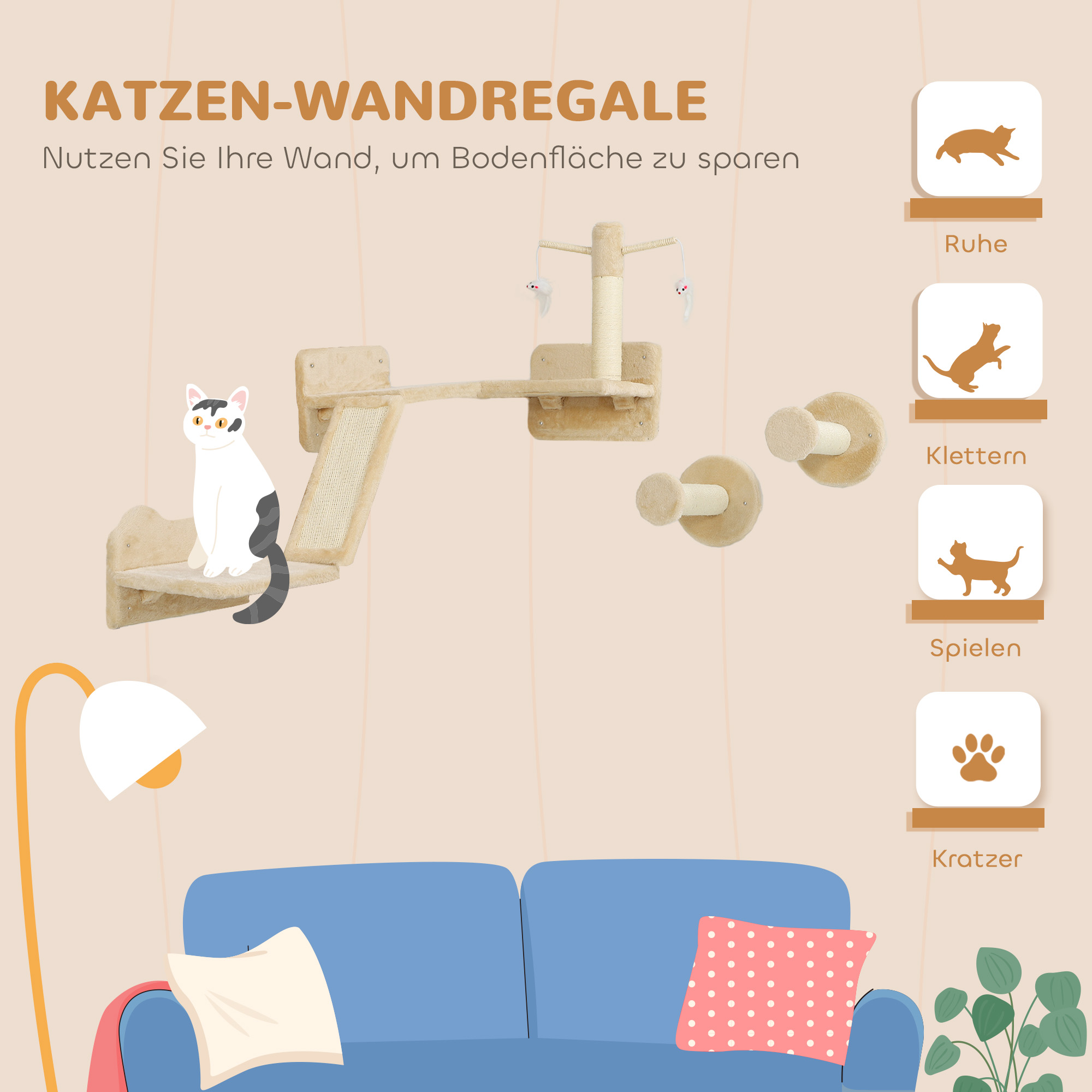 Katzen Kletterwand Set mit Kratzpfosten, Sprungplattformen und Spielbällen, zum Klettern und Ausruhen, Beige