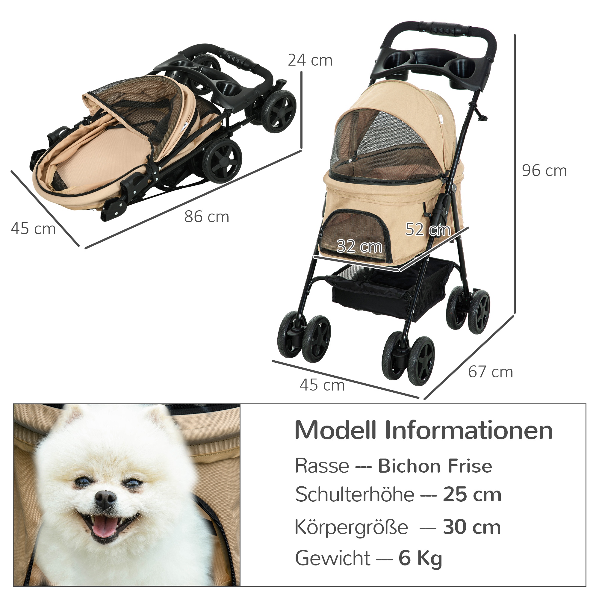 Hundewagen Hundebuggy, klappbar, 2 Sicherheitsleinen, 2 Becherhalter,  67 x 45 x 96 cm, Khaki
