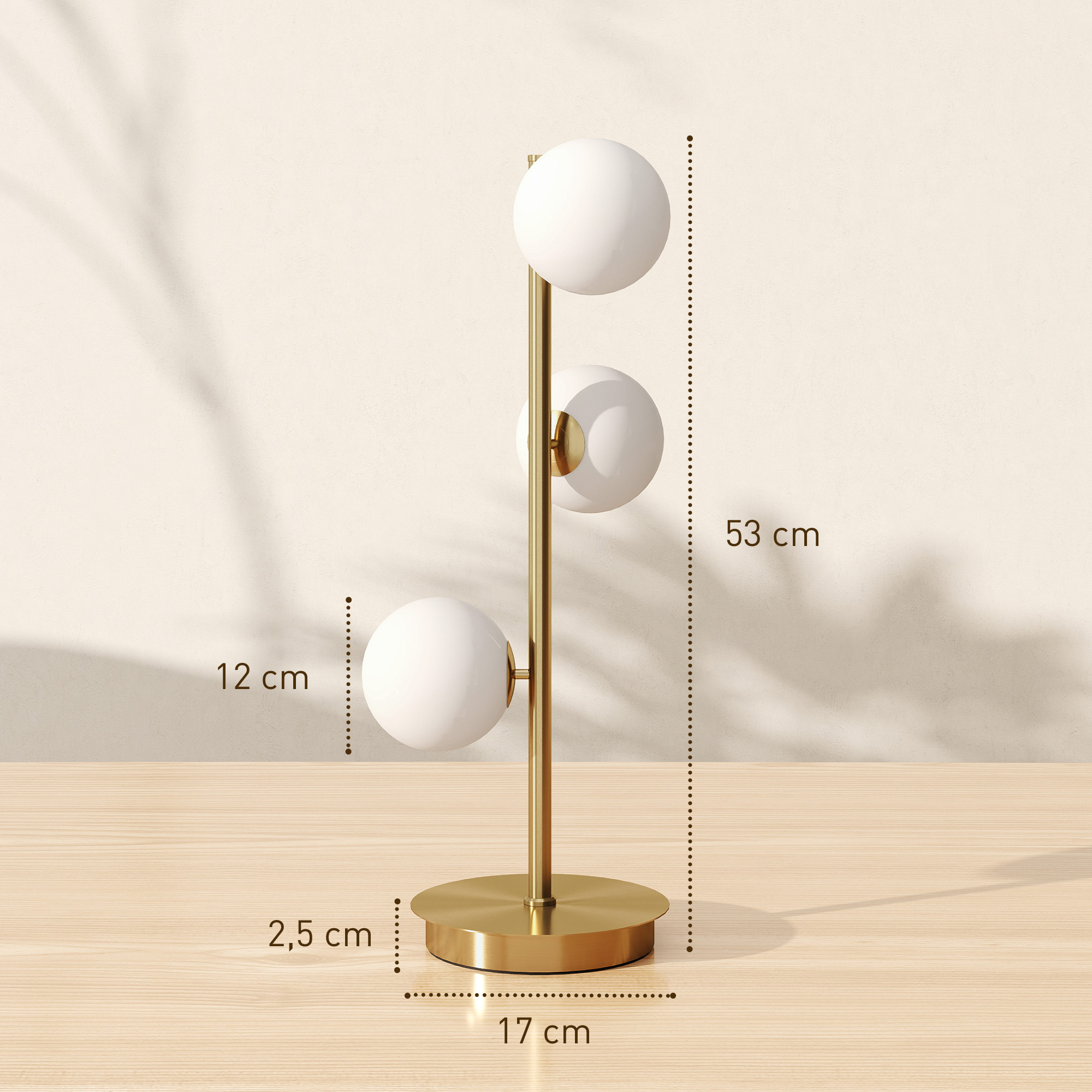 Tischlampe Tischleuchte mit 3 Kugelschirmen, mit stabilem Stahlfuß, G9-Fassungen, 24 x 24 x 53 cm, Messing