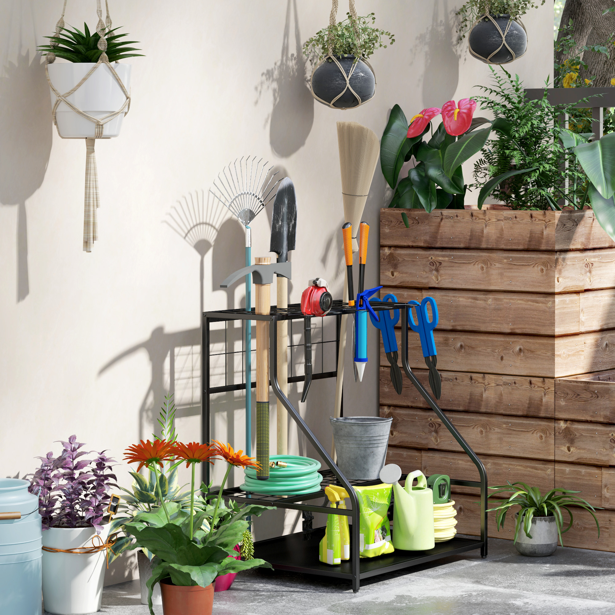 Aufbewahrungsgestell für Gartengeräte, 3-stufiges Regal für Werkzeug, Gartenwerkzeug-Organizer, Metall, Orange