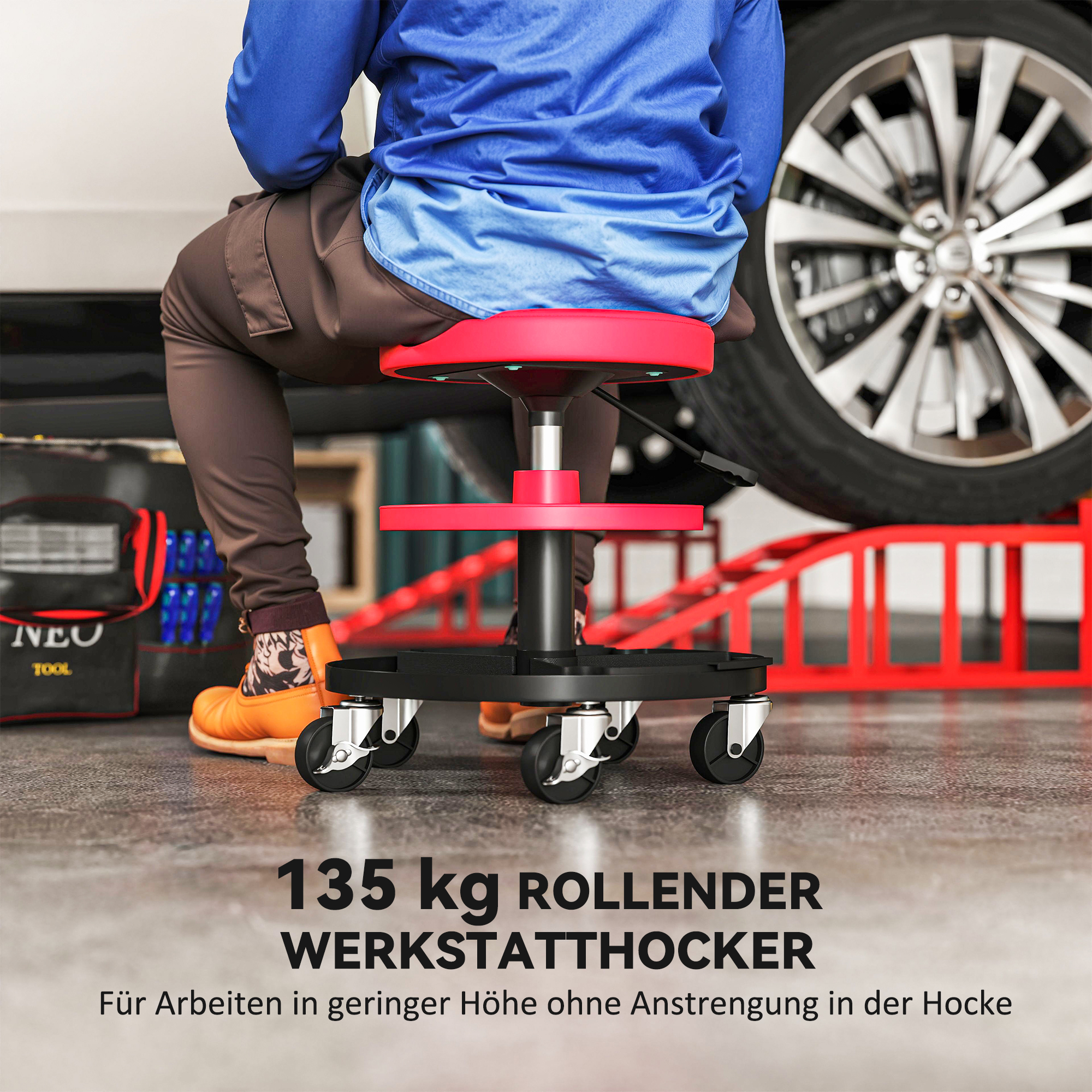 Werkstatthocker mit Rollen Tabletts höhenverstellbar 40-51cm Rollhocker bis 135 kg belastbar Rot