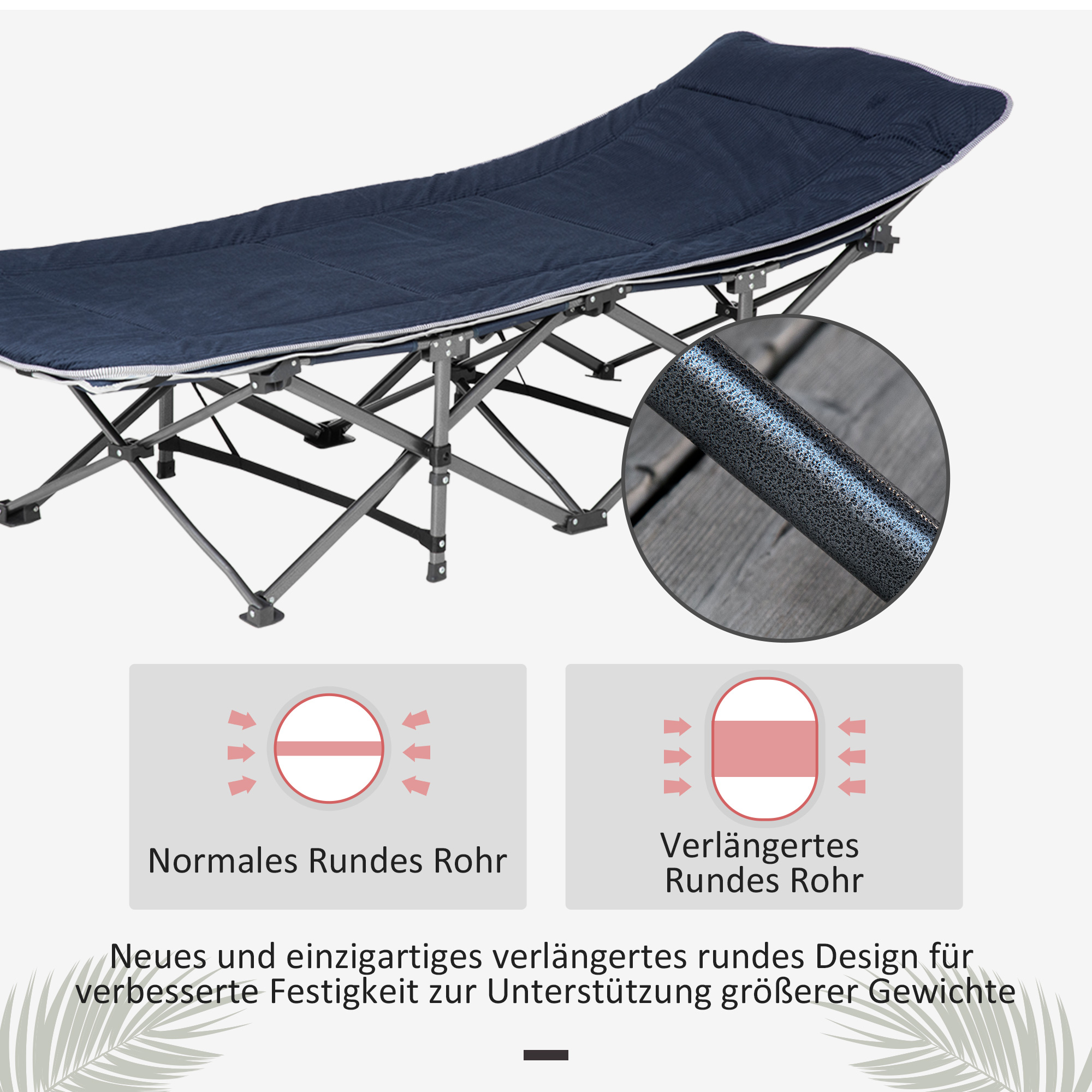 Campingbett, klappbares Feldbett mit Kopfkissen, 188 x 64,5 x 53 cm, Dunkelblau