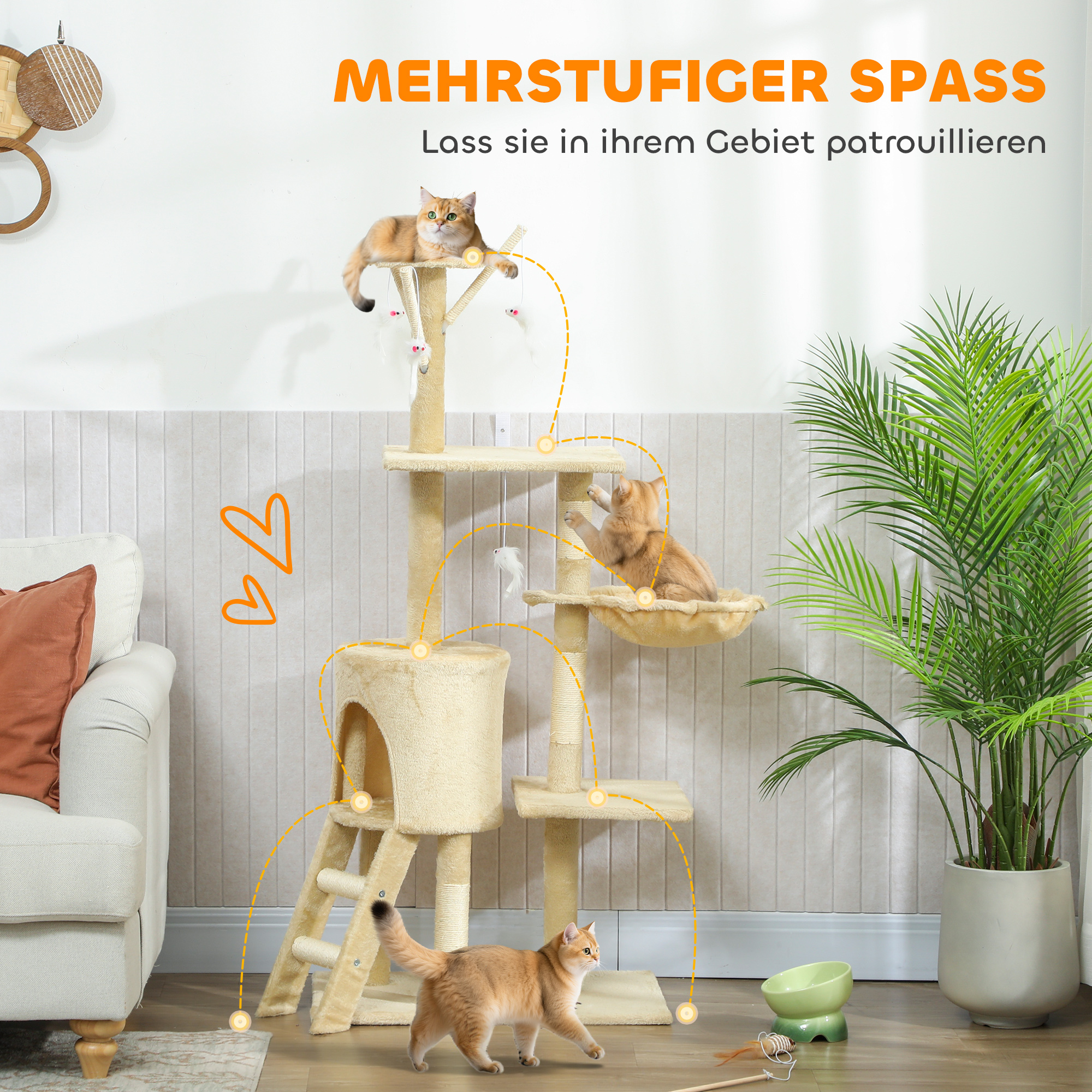 Kratzbaum Katzenbaum mit Höhle, 4 Spielzeuge, Sisalstämme, große Plattform, Treppe, für Katzen unter 5 kg, Beige