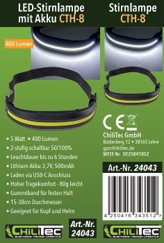 LED-Stirnlampe mit Akku "CTH-8" / 5W, 400 Lumen, 230° Ausleuchtung, USB-C