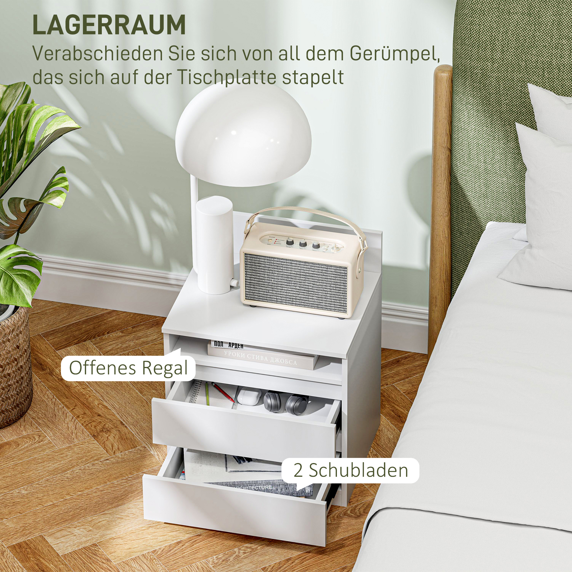 Nachttisch im 2er-Set mit Schubladen und Ablage, moderner Beistelltisch, für Schlafzimmer, Weiß