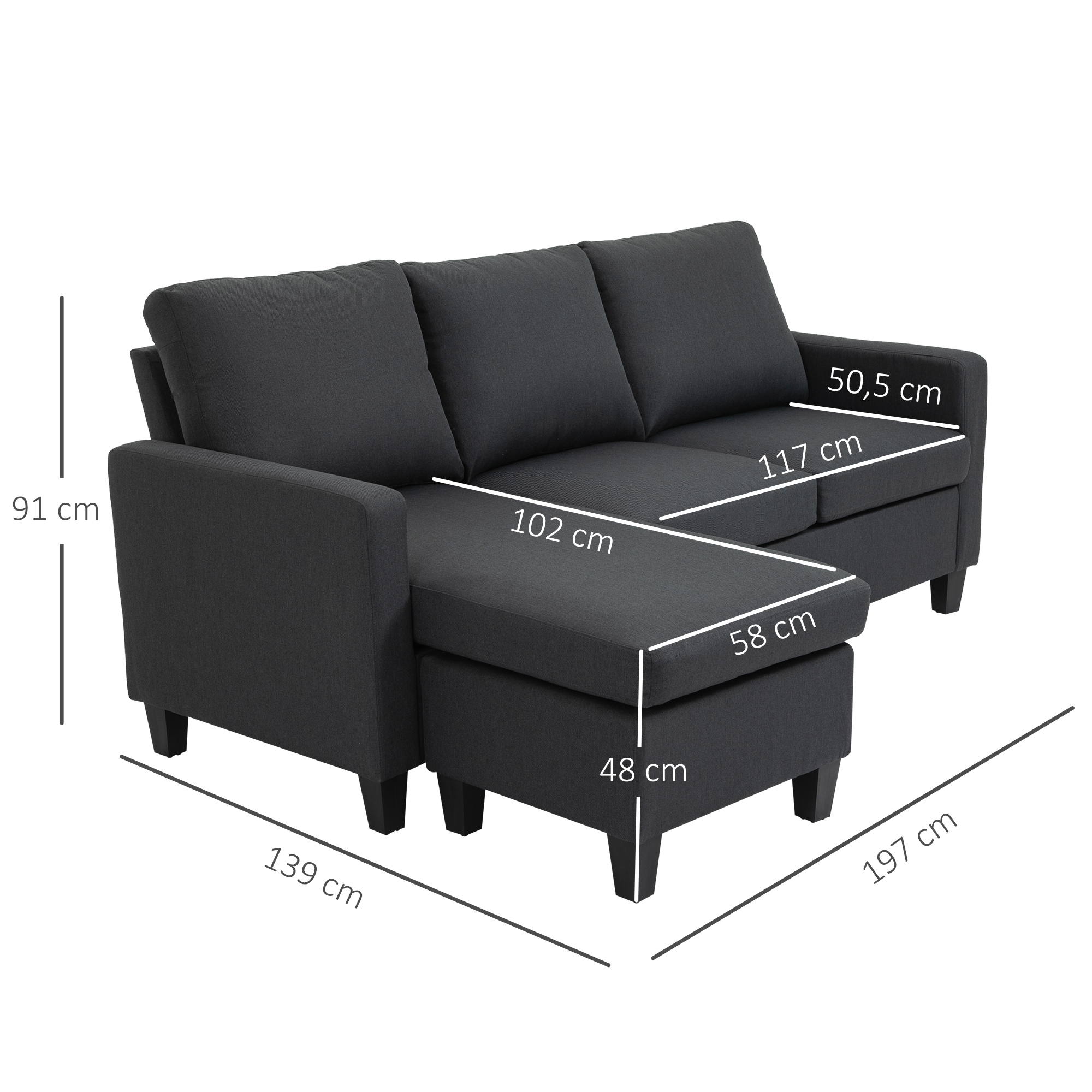 Ecksofa, 3 Sitzer Sofa und Kissen, Eckcouch, L-Form Couch für Wohnzimmer, Schlafzimmer 197 x 139 x 91 cm, Leinen, Dunkelgrau