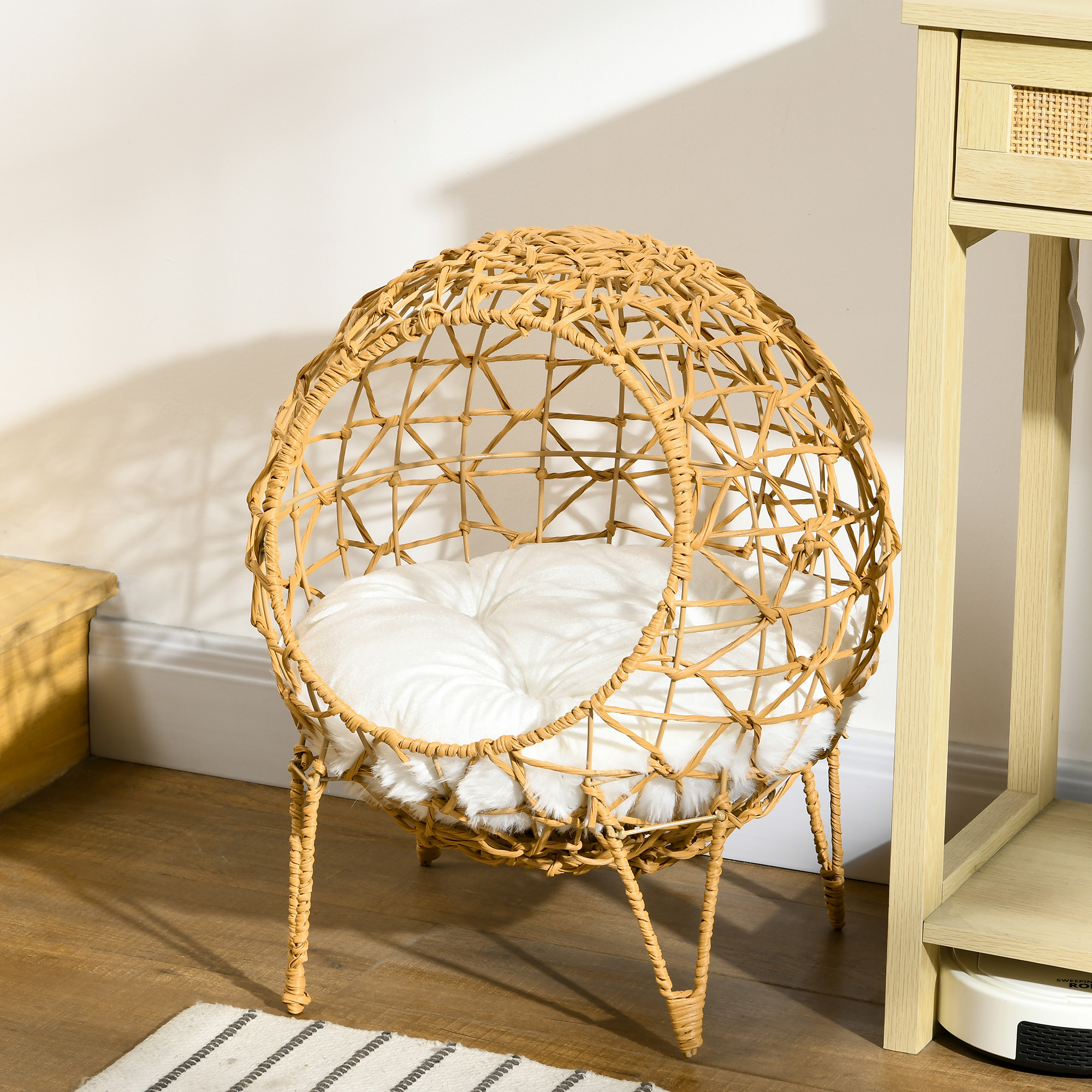 Rattan Katzenkorb Katzenhöhle Katzenhütte Katzenbett mit Kissen erhöhtes Design Haustierbett Braun Ø45 x 57H cm