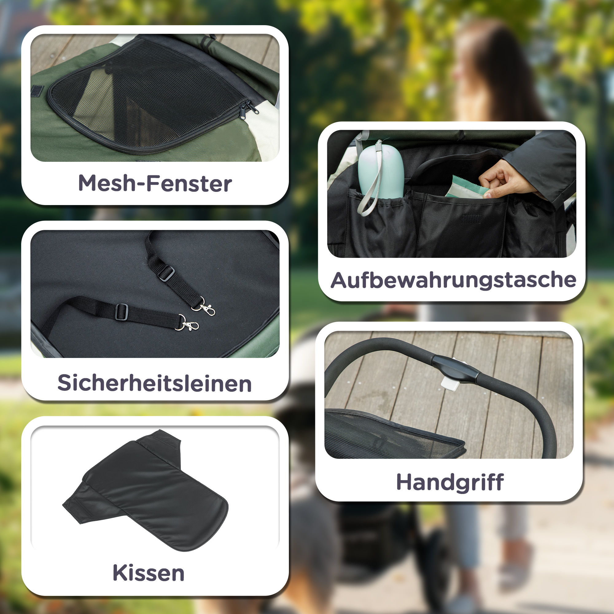 Hundewagen, Faltbarer Hundebuggy für große Hunde, Haustierwagen mit 4 Rädern, Sicherheitsleinen, Bremsen, Dunkelgrün