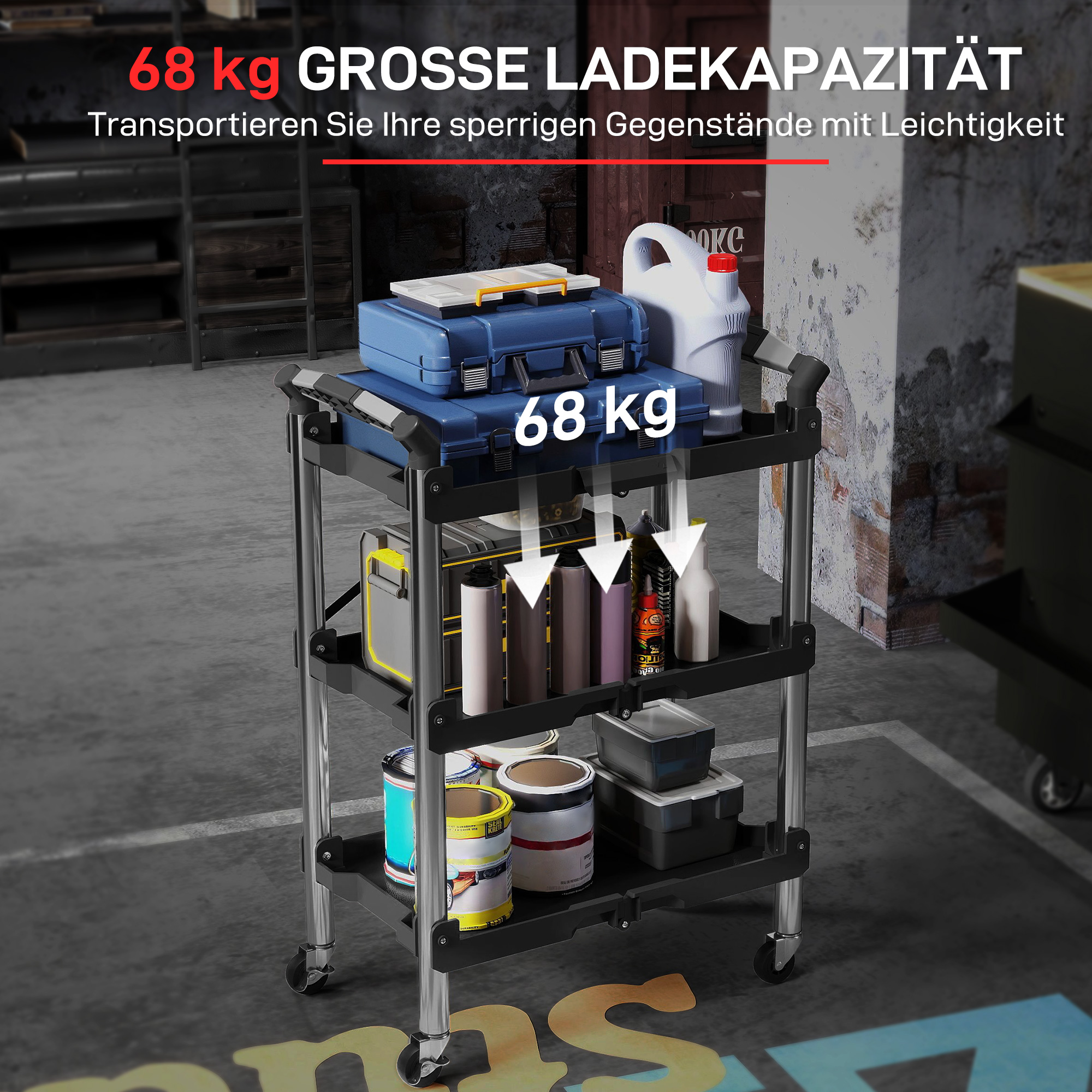 Werkzeug-Trolley, klappbarer 3-stufiger Werkzeugwagen, Kunststoff, Stahl, Schwarz