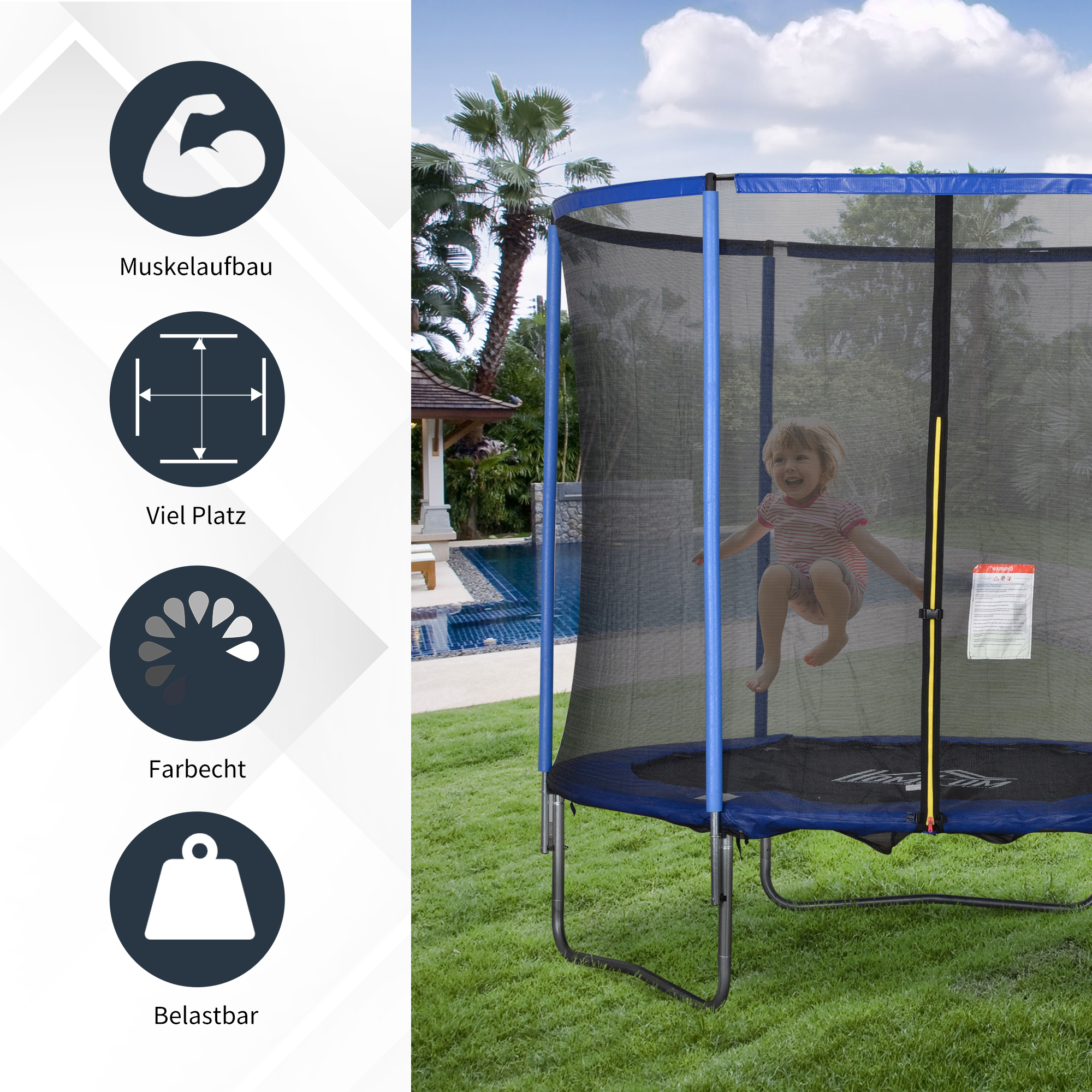 Trampolin mit Sicherheitsnetz Gartentrampolin für Innen- und Außenbereich Fitnesstrampolin für Jugendliche und Erwachsene Stahl Blau+Schwarz bis 113,6 kg Ø244 x 240H cm