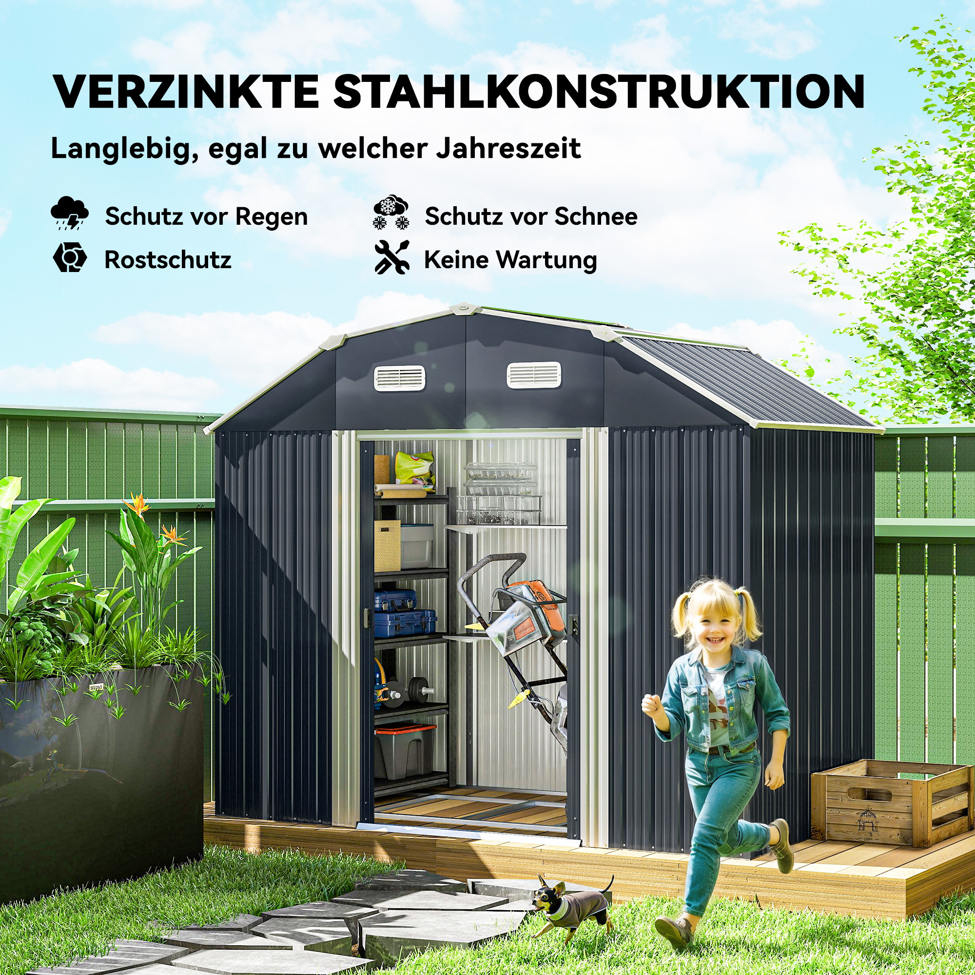 Gartenhaus Geräteschuppen Gartenschuppen, wetterbeständig, 2 Fenster, 2 Türen, 238 x 132 x 198,5 cm, Dunkelgrau