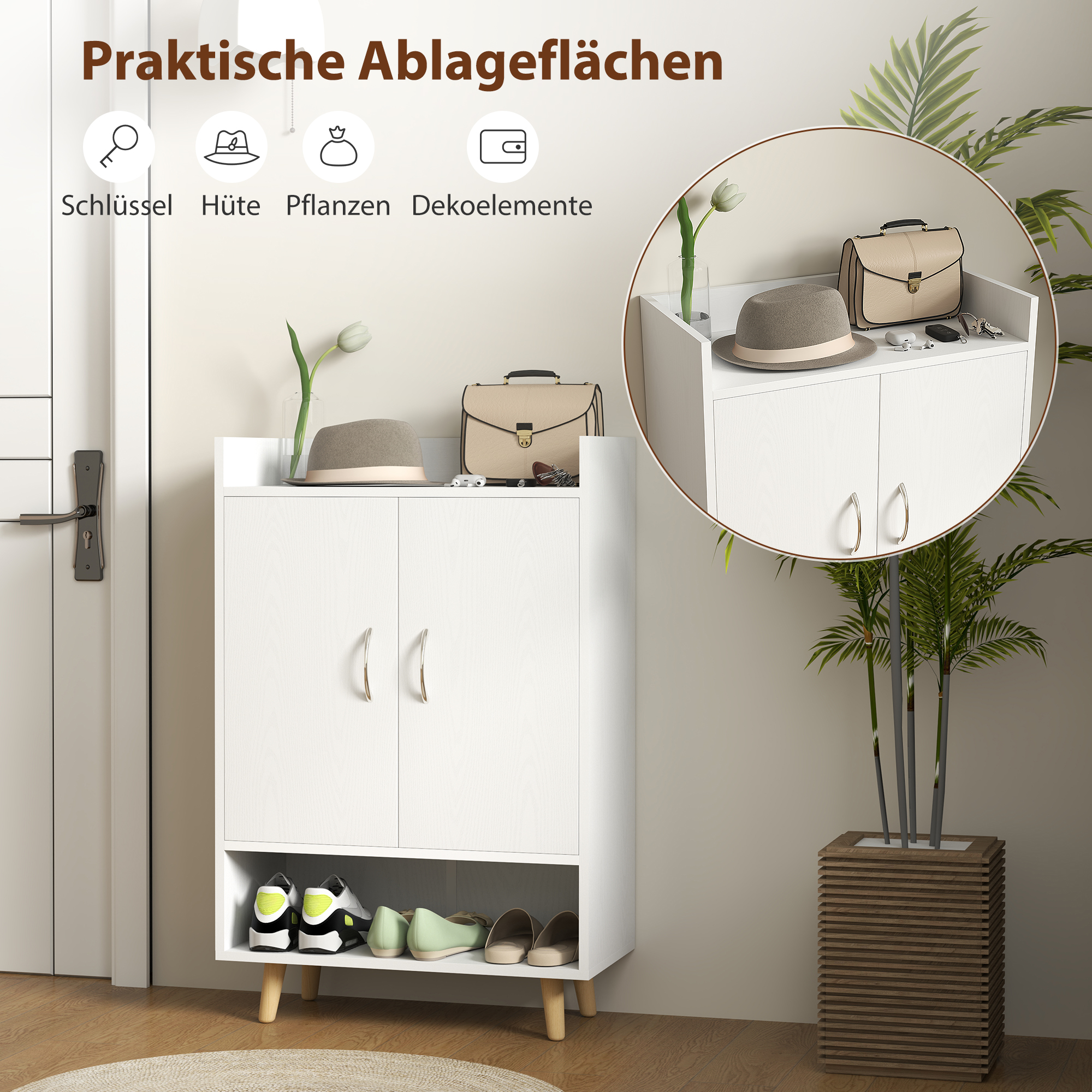 Schuhschrank, Schuhregal mit Türen und Regalen, für Flur, moderne Schuhkommode, Schuhablagen, 60 x 30 x 92 cm, Weiß