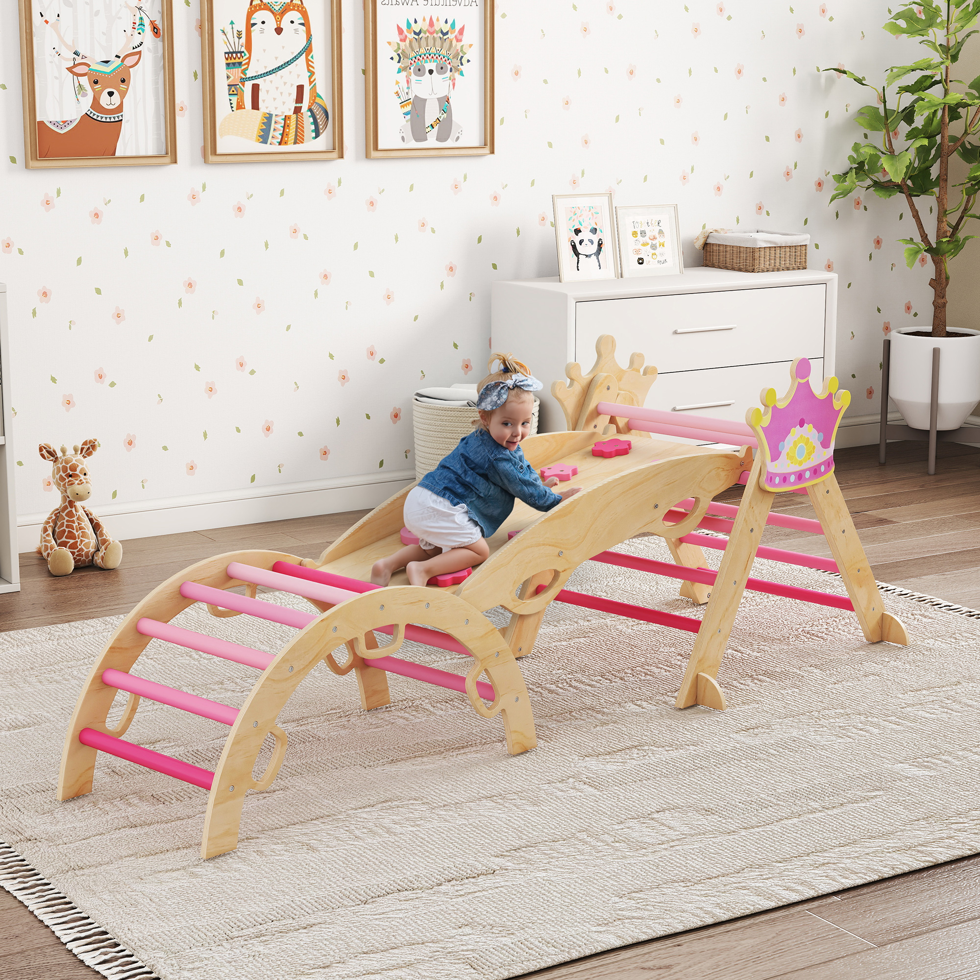 8-in-1 Indoor-Klettergerüst für Kinder, Prinzessinnen-Design, Rutsche, Rampe, Bogen, Holz