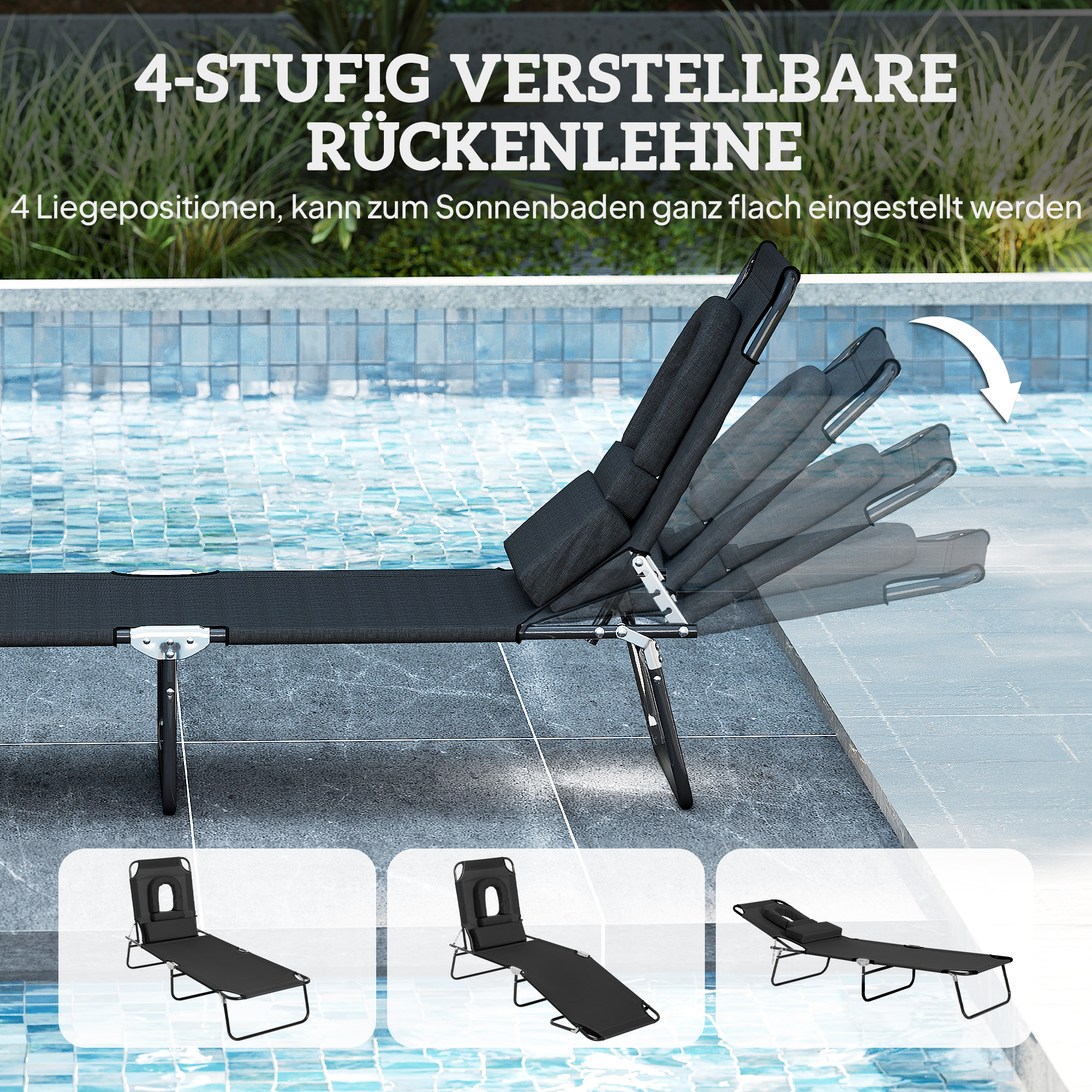 Sonnenliege mit Gesichtsloch & Kissen, klappbar, wasserabweisender Bezug, Metallrahmen, Schwarz