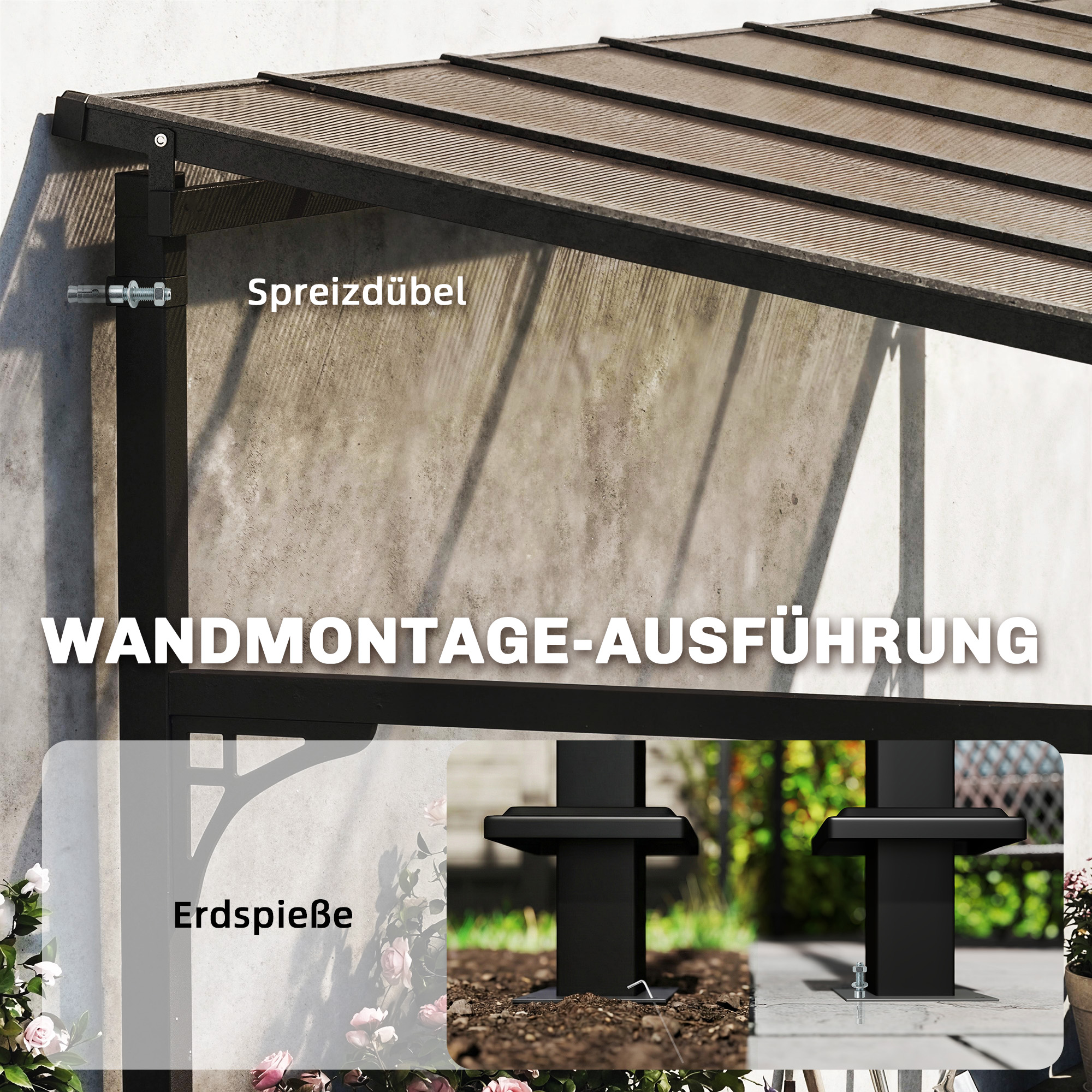 Anbaupavillon 4 x 3m Terrassenüberdachung mit schrägen Polycarbonat-Dach Metall-Aluminium-Rahmen, Wandmontage