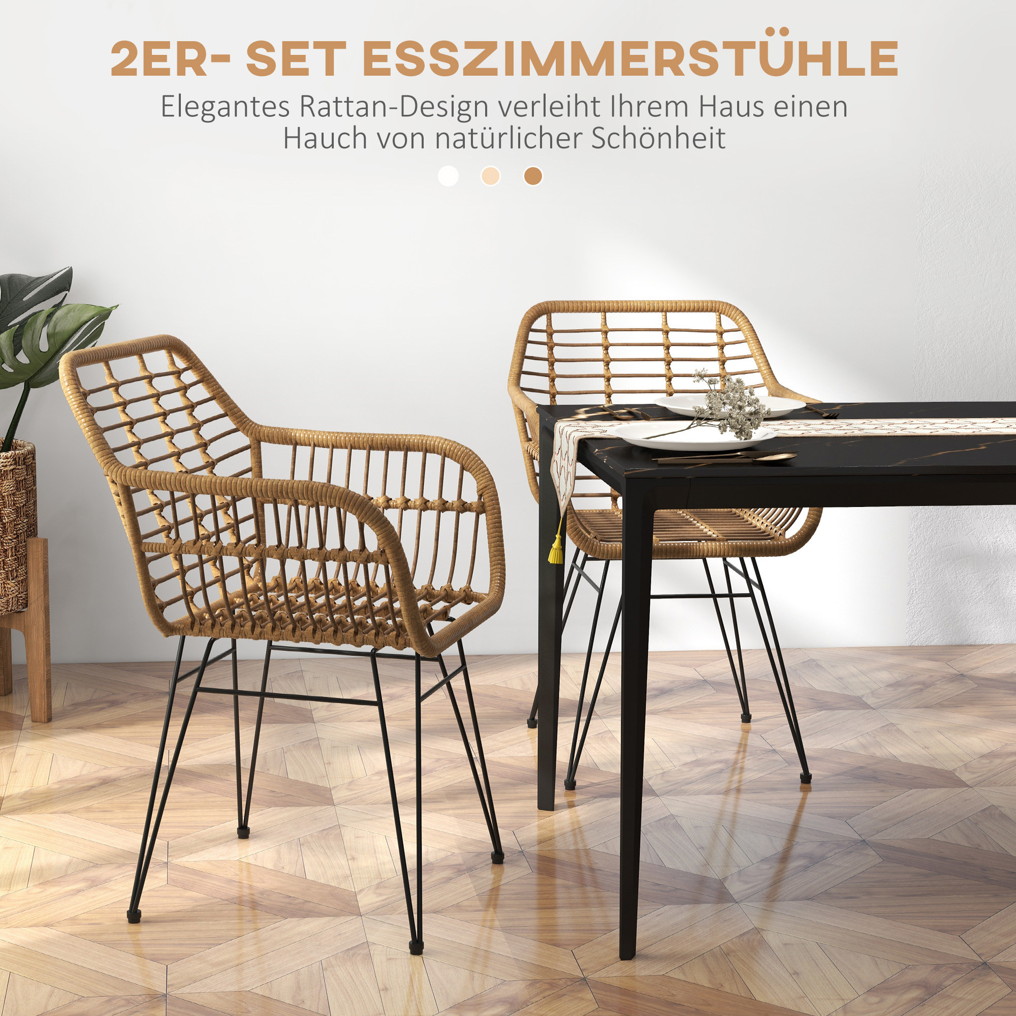 2-er-Set Stühle im Boho-Stil, Küchenstühle, PE-Rattan, 56 x 60 x 79 cm, Natur + Schwarz