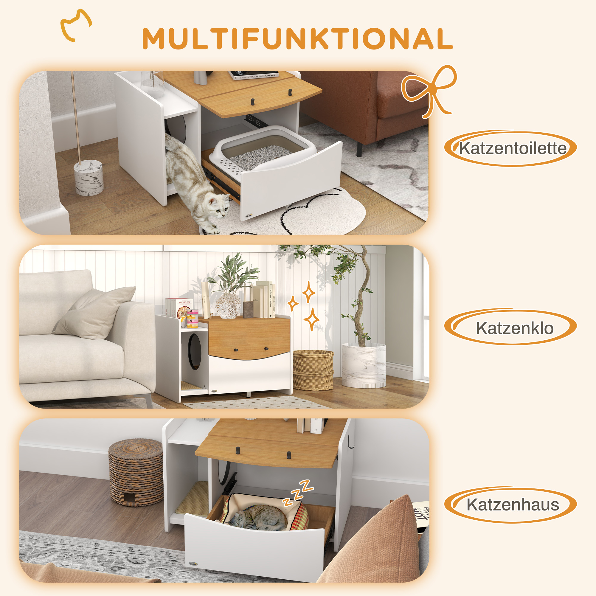 Katzentoilette, ausziehbar, Schrankdesign, Streufach, 78x50x51cm, Eiche/Weiß