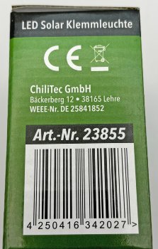 LED Solar Klemmleuchte "SWK 8020", PIR Bewegungsmelder, 25 LEDs, IP44