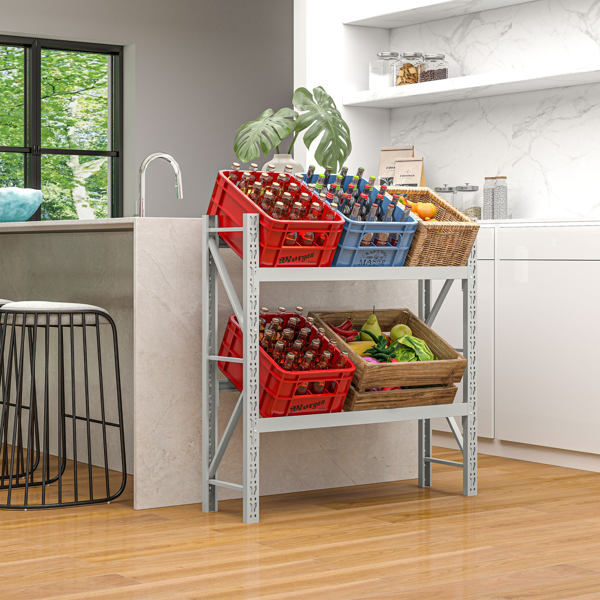 Getränkekistenregal, bis 6 Kisten, höhenverstellbar, Stahlrahmen, 110x30x110 cm, Weiß