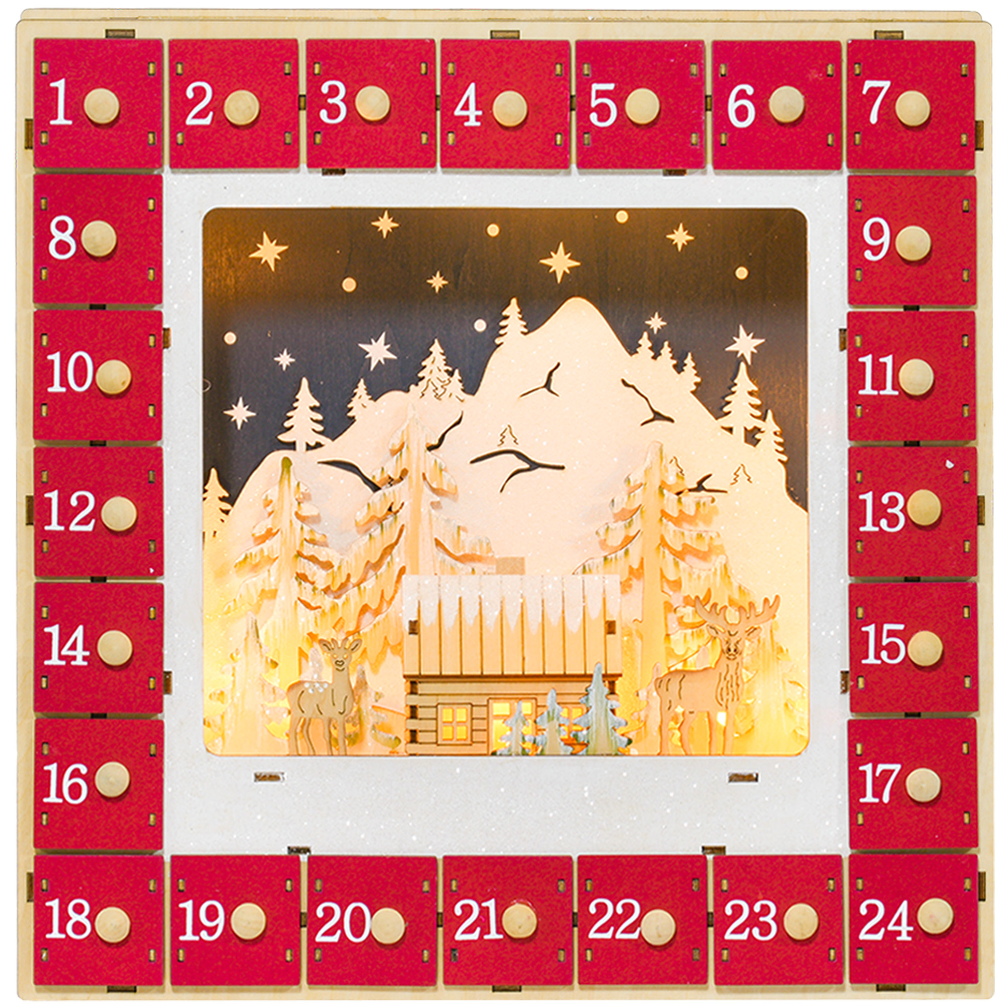 LED Adventskalender mit Dorfszene, 24 große Schubladen, MDF, 34 x 7 x 34 cm, Rot